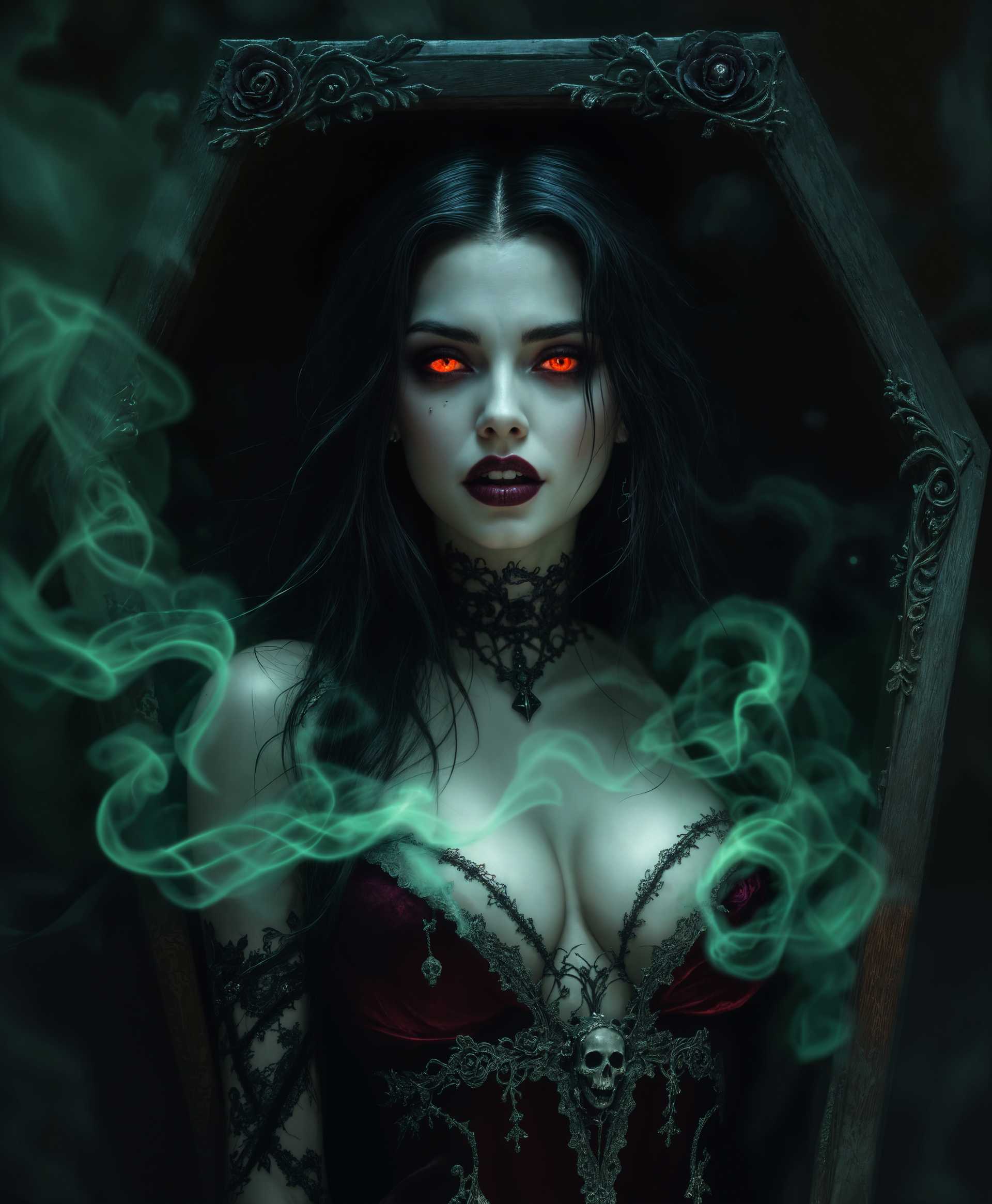 masterpiece, best quality, highres, sharp image, more detail, masterpiece, best quality, highres, sharp image, more detail, A dark, gothic chamber at midnight, where a **vampire** emerges from her ancient, ornate **coffin**. The vampire has **long, flowing black hair** with hints of purple sheen, her skin is pale with a subtle luminescence, enhancing her eerie beauty. Her eyes are piercing red, glowing faintly in the dim light, and her expression is both alluring and menacing. 

**Visual Details:**
- The vampire's attire is a mix of velvet and lace, in shades of deep burgundy and black, with intricate silver embroidery resembling webs.
- Her lips are painted a dark, blood-red, slightly parted to reveal sharp fangs. 
- A toxic, greenish mist escapes her mouth, swirling around her like a malevolent aura, suggesting her **poisonous breath**.
- The coffin is made of aged wood, adorned with carvings of twisted roses and skulls, half-open to allow her emergence.

**Style:**
- Rendered in a style reminiscent of **Art Nouveau** with its organic forms and elegant, flowing lines, but with a darker, more gothic twist.
- The scene is lit with **chiaroscuro** lighting, with stark contrasts between light and shadow to enhance the drama and mystery.

**Composition:**
- The vampire is positioned centrally, stepping out of the coffin, her body language suggesting both grace and threat.
- The camera angle is low, looking up at her, emphasizing her supernatural presence and power.
- The background shows a dimly lit room with a large stained-glass window depicting a moonlit night scene, casting colored light across the chamber.

**Mood and Atmosphere:**
- The atmosphere is **ominous** and **seductive**, with the eerie silence of a crypt broken only by the faint sound of her breath.
- The time is **midnight**, with the full moon visible through the window, casting an ethereal glow over the scene.

**Technical Aspects:**
- Use of **selective focus** to keep the vampire in sharp detail while the background blurs into darkness.
- **Motion blur** on the mist to suggest its dynamic movement.
- **Depth of field** to create a sense of depth in the chamber, with the vampire's figure sharply in focus against the receding darkness. 

This scene captures the **vampire's** otherworldly beauty and the **perilous nature** of her presence, creating a compelling and visually rich image.