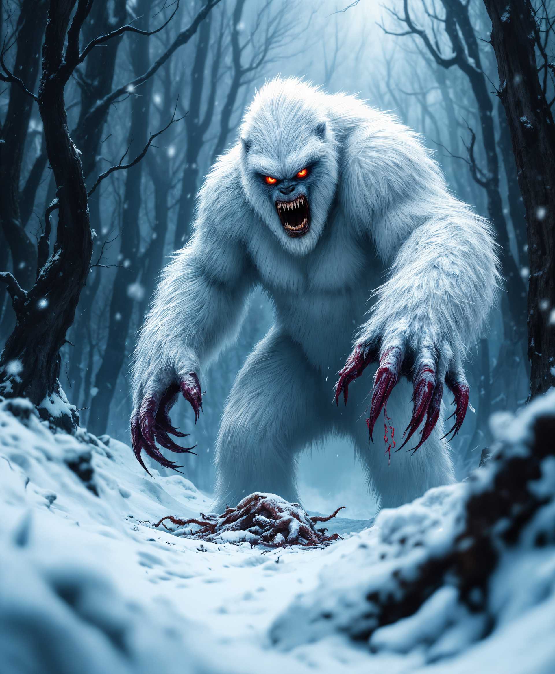 masterpiece, best quality, highres, sharp image, more detail, masterpiece, best quality, highres, sharp image, more detail, A chilling scene unfolds in a dense, snow-covered forest where the **dangerous Snow Yeti** lurks. This beast stands at 9 feet tall, its fur a mix of stark white and shadowy grays, blending seamlessly with the icy environment. The Yeti's eyes glow with a predatory red, piercing through the blizzard, its breath visible in the frigid air as it surveys for prey. The creature's hands, ending in long, sharp claws, are poised to strike, with hints of blood and fur from its last meal still clinging to them. 

**Style:** The image captures this scene in a dramatic, high-contrast chiaroscuro style, reminiscent of horror movie posters, with deep shadows and stark highlights emphasizing the Yeti's menacing form.

**Composition:** The Yeti is positioned slightly off-center, looming over the viewer, creating an immediate sense of threat. The camera angle is low, looking up at the Yeti, enhancing its imposing presence. The background features a haunting, twisted tree line, with the setting sun casting long, eerie shadows.

**Mood and Atmosphere:** The atmosphere is thick with tension, the air almost crackling with the cold and the danger. Snowflakes swirl in the air, caught in the dim light, contributing to a sense of isolation and fear. The scene is set at dusk, the last light of day barely illuminating the scene, adding to the ominous mood.

**Technical Aspects:** Utilize a wide-angle lens to capture the expanse of the forest and the Yeti's full, terrifying figure. Employ a shallow depth of field to focus sharply on the Yeti while the surrounding forest blurs into a menacing backdrop. The image should have a high dynamic range to capture the subtle nuances of light and shadow, enhancing the eerie, supernatural feel of the scene.