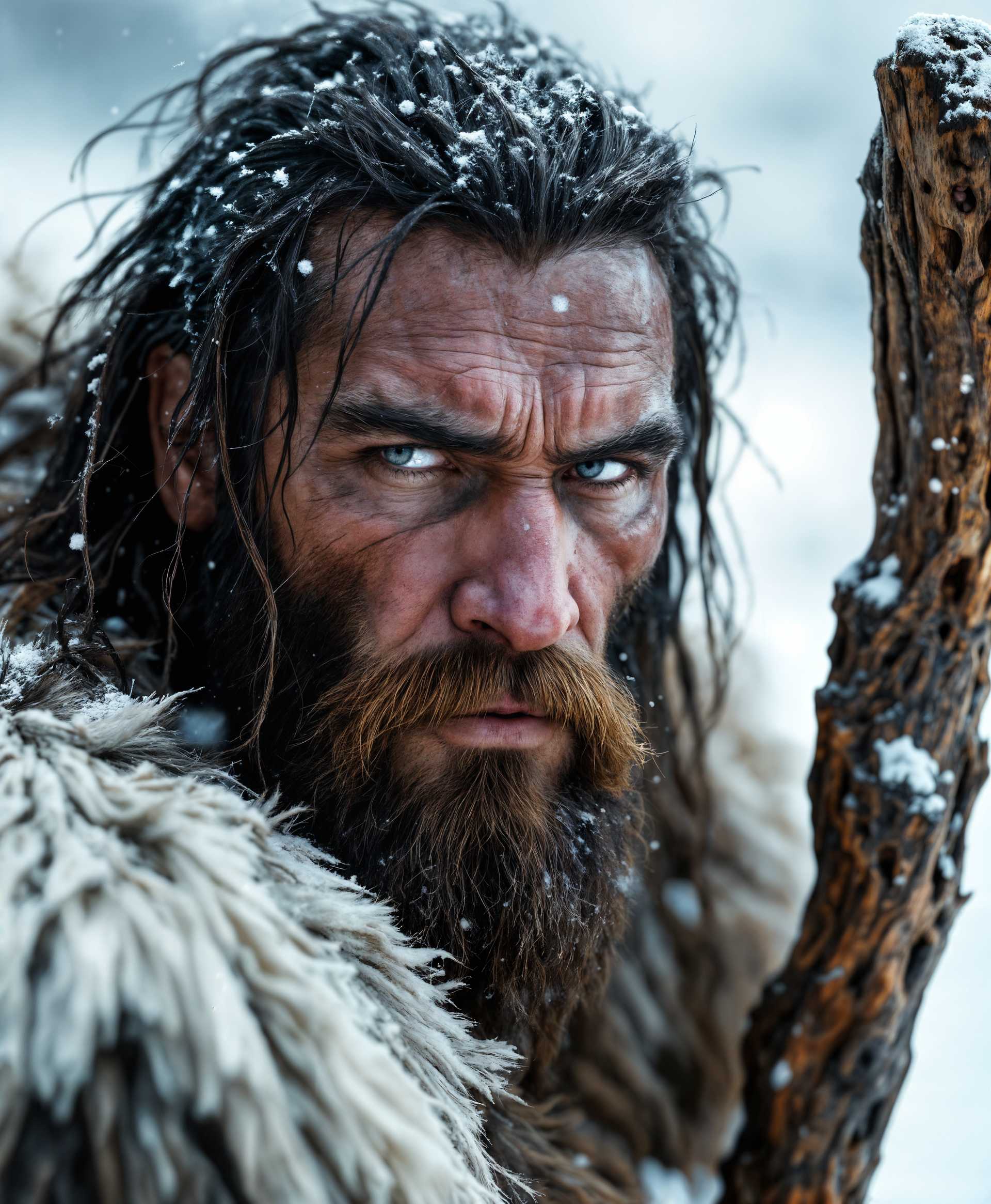 masterpiece, best quality, highres, sharp image, more detail, masterpiece, best quality, highres, sharp image, more detail, A cinematic portrayal of a prehistoric caveman, shrouded in the icy breath of the tundra. His visage is weathered, skin rough and weather-beaten, with a thick, dark, matted beard and long, tangled hair, all dusted with snow. He's clad in furs and skins, the texture of which is palpable, each hair and fur standing out against the stark white of the snow. His weapon, a crudely fashioned club, is made from a gnarled, ancient tree branch, its surface showing the wear of many battles, with intricate carvings and notches etched into the wood.

**Visual Details:**
- The caveman's skin is a tapestry of scars, each telling a story of survival in this harsh environment.
- His eyes, deep-set and sharp, reflect a primal ferocity and wariness, with a glint of survival instinct.
- Snowflakes gently settle on his fur garments, creating a contrast between the cold, white environment and the warmth of the animal pelts.

**Style:**
- The image evokes the style of historical illustrations with a modern twist, reminiscent of the work of Zdeněk Burian but with a more cinematic, high-resolution finish.
- The technique should emulate hyper-realistic painting, with a focus on texture and detail.

**Composition:**
- He stands in the center, slightly off-kilter, as if ready to spring into action, his club held firmly in his right hand, his stance wide for balance in the snow.
- The camera angle is low, looking up at him, enhancing his imposing presence against the vast, white expanse of the snow-covered landscape.

**Mood and Atmosphere:**
- The scene is set during the twilight of a winter day, with long shadows cast by the low sun, creating a dramatic contrast of light and dark.
- The atmosphere is frigid, with the air thick with frost, breath visible in the cold, and the silent anticipation of a hunt or a confrontation.

**Technical Aspects:**
- Use of chiaroscuro to emphasize the caveman's form against the snow, with light playing off the fur and ice crystals.
- Depth of field should blur the background slightly, focusing on the caveman, making him the focal point.

**Cohesion:**
- The elements of the scene, from the caveman's rugged appearance to the harsh, icy environment, coalesce to create an authentic, immersive portrayal of a man adapted to the extreme conditions of the ice age.