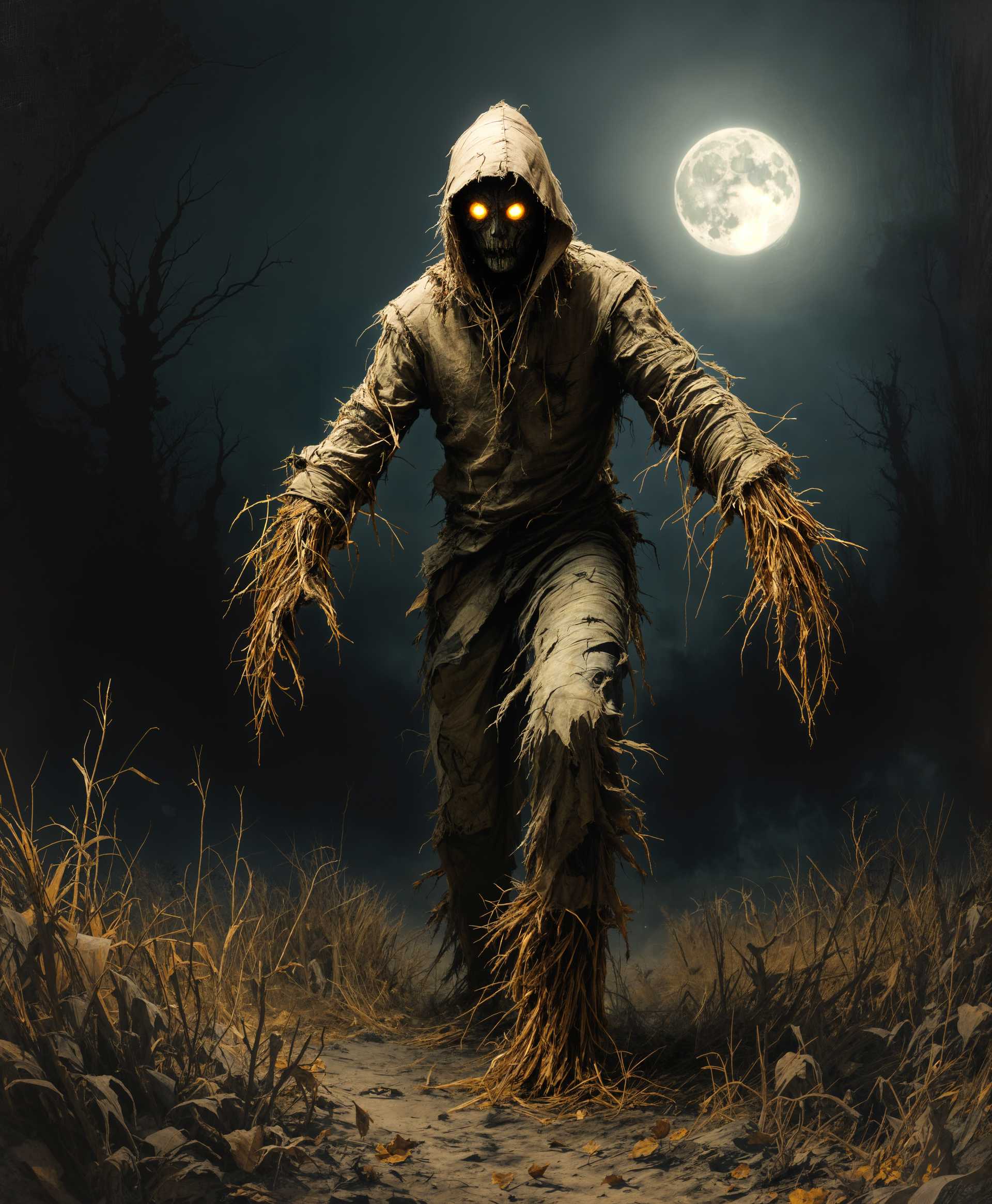 masterpiece, best quality, highres, sharp image, more detail, masterpiece, best quality, highres, sharp image, more detail, A haunting **Nocturnal Scarecrow**, with **tattered burlap skin** and **straw protruding** from its limbs, is depicted in **mid-stride** on a **moonlit night**. The **texture** of the scarecrow's clothing is **rough and worn**, with patches of **frayed fabric** and **loose threads**. Its **face** is **shadowy**, with **glowing eyes** that **cast an eerie light** on the surrounding **overgrown, autumnal field**. The **lighting** is **low-key**, with the **moon's silver light** casting **long, ominous shadows** across the landscape. The **artistic style** should evoke **German Expressionism**, with **distorted perspectives** and **exaggerated forms**, to convey a sense of **menace and foreboding**. The **camera angle** is **slightly low**, giving the scarecrow a **towering presence** over the viewer. The **atmosphere** is **foggy**, with a **chill in the air**, and the **mood** is **unsettling**, as if the scarecrow is **stalking** through the night, **hunting** for its next victim. The **composition** should **frame** the scarecrow against a **backdrop of twisted trees** and **abandoned farm equipment**, creating a **dramatic silhouette** against the **dark, starry sky**.