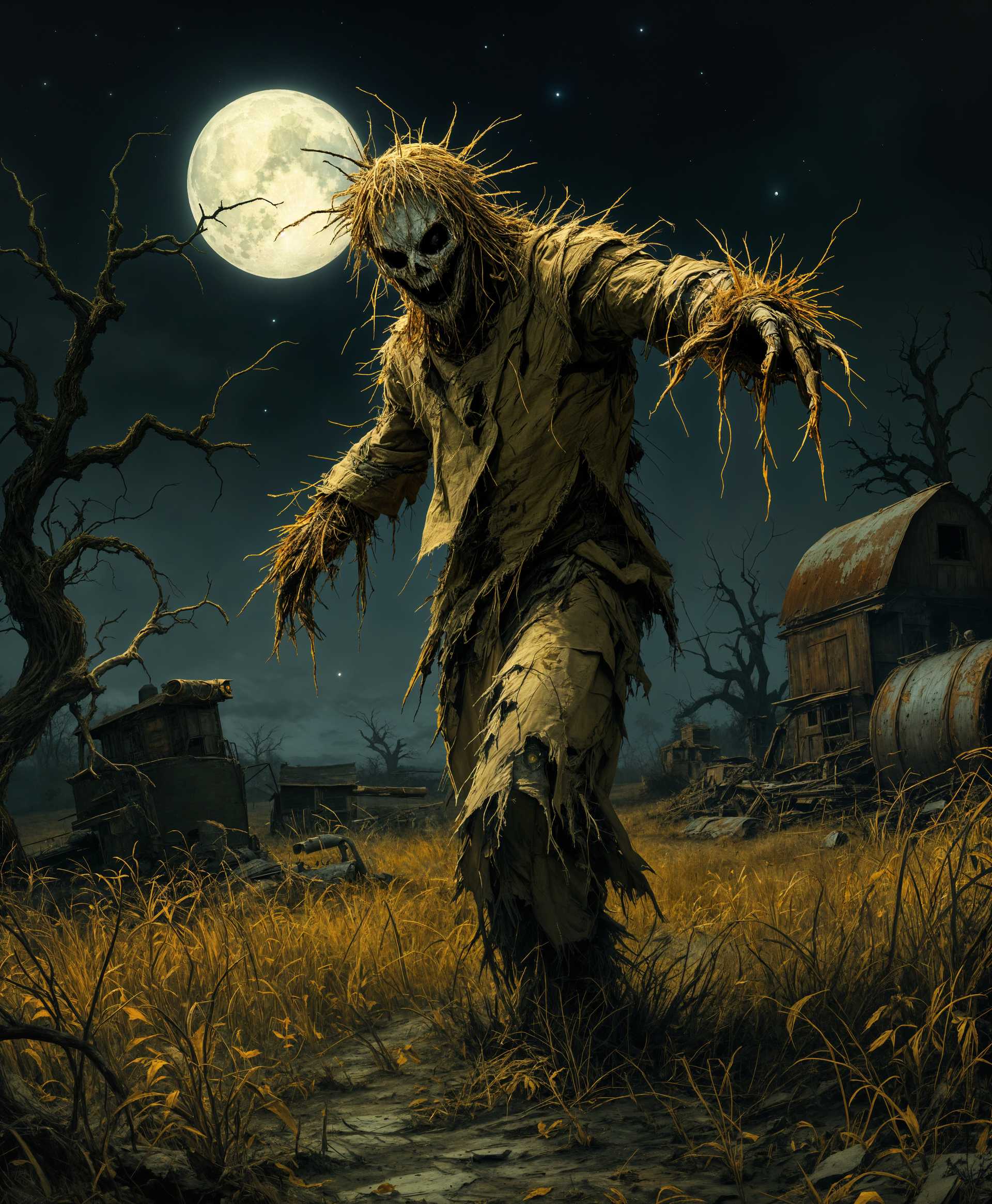 masterpiece, best quality, highres, sharp image, more detail, masterpiece, best quality, highres, sharp image, more detail, A haunting **Nocturnal Scarecrow**, with **tattered burlap skin** and **straw protruding** from its limbs, is depicted in **mid-stride** on a **moonlit night**. The **texture** of the scarecrow's clothing is **rough and worn**, with patches of **frayed fabric** and **loose threads**. Its **face** is **shadowy**, with **glowing eyes** that **cast an eerie light** on the surrounding **overgrown, autumnal field**. The **lighting** is **low-key**, with the **moon's silver light** casting **long, ominous shadows** across the landscape. The **artistic style** should evoke **German Expressionism**, with **distorted perspectives** and **exaggerated forms**, to convey a sense of **menace and foreboding**. The **camera angle** is **slightly low**, giving the scarecrow a **towering presence** over the viewer. The **atmosphere** is **foggy**, with a **chill in the air**, and the **mood** is **unsettling**, as if the scarecrow is **stalking** through the night, **hunting** for its next victim. The **composition** should **frame** the scarecrow against a **backdrop of twisted trees** and **abandoned farm equipment**, creating a **dramatic silhouette** against the **dark, starry sky**.
