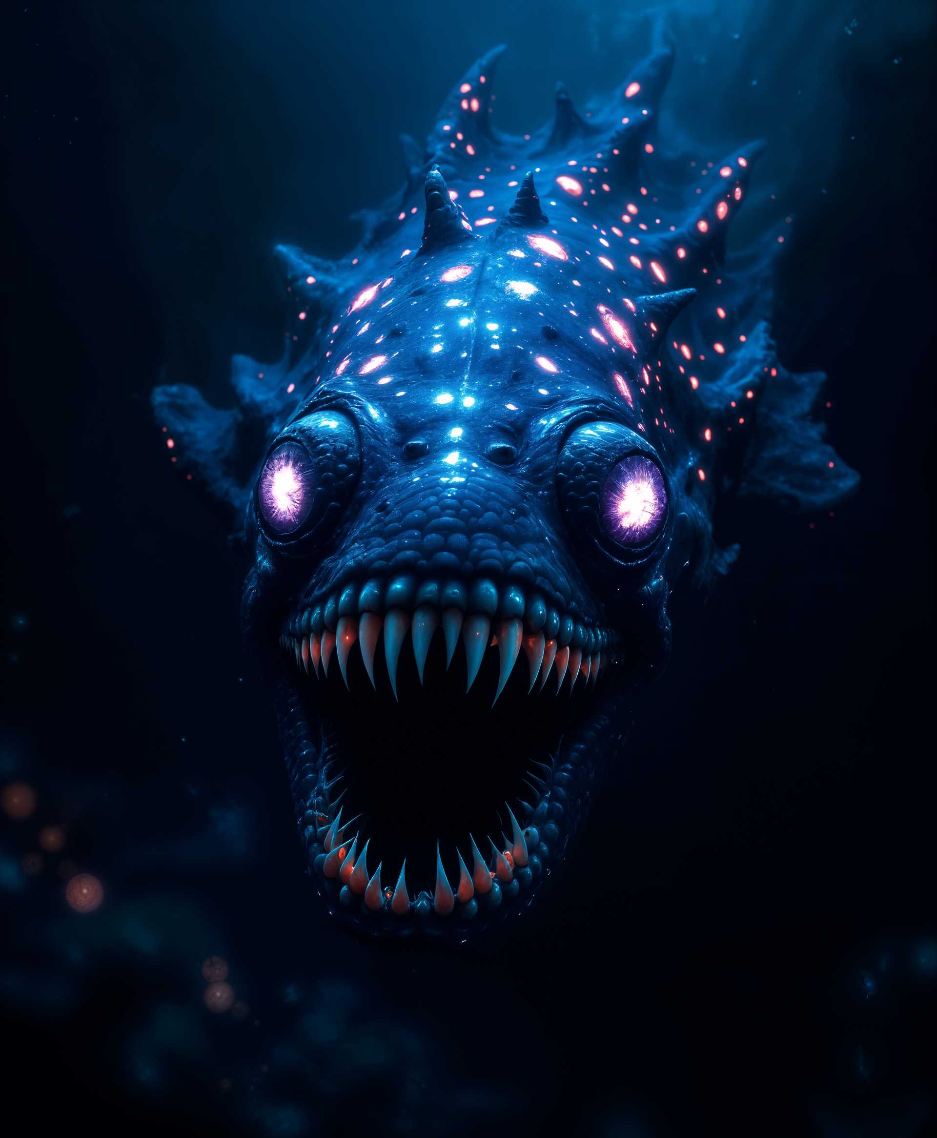 masterpiece, best quality, highres, sharp image, more detail, masterpiece, best quality, highres, sharp image, more detail, In the deep, dark ocean, an enormous, eerie creature with bioluminescent patches on its skin glides silently through the abyssal waters. Its body is covered in scales that reflect the scant light with an otherworldly sheen, resembling a living, moving piece of the night sky. The creature's eyes are large, glowing orbs that pierce through the darkness, casting an ominous glow. Its mouth is filled with rows of jagged, translucent teeth, adding to its terrifying visage. The composition captures this leviathan from a low angle, enhancing its massive size and the feeling of being overwhelmed by its presence. The style mimics the hyper-realistic deep-sea photography with a touch of surrealism, where the water around seems almost liquid darkness, and the creature's form is slightly distorted by the immense pressure. The mood is one of suspense and dread, with the ambient light casting long, eerie shadows, creating an atmosphere of ancient, unseen terror lurking in the depths.