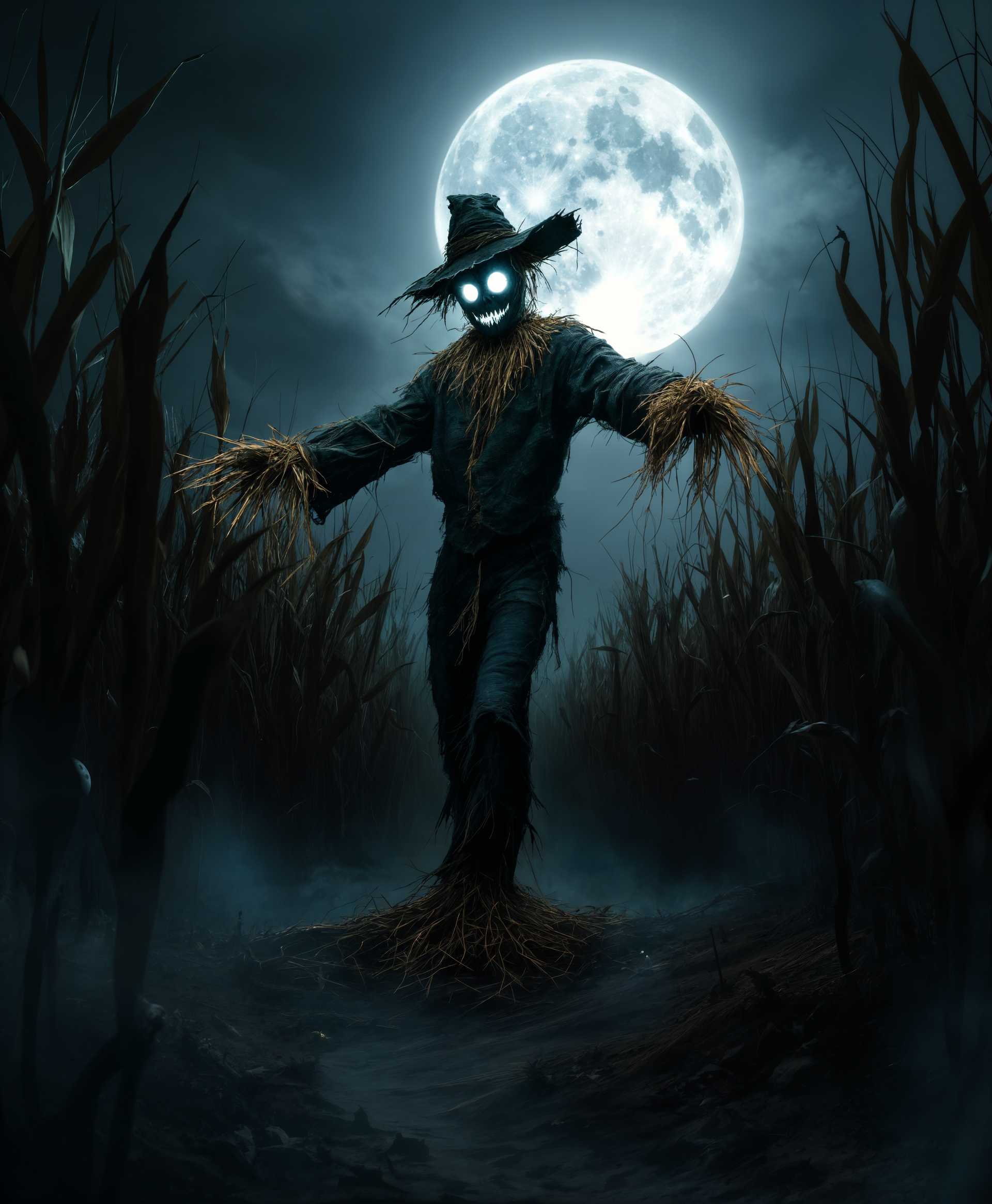 masterpiece, best quality, highres, sharp image, more detail, masterpiece, best quality, highres, sharp image, more detail, **Prompt:**

Visualize a scene where *The Scarecrow That Walks at Midnight* comes to life, set in a moonlit, gothic-inspired cornfield:

- **Subject:** An animated, eerie scarecrow with tattered, straw-filled burlap clothing, its eyes glowing with an unnatural, phosphorescent light, indicating its unnatural animation.
  
- **Environment:** A vast cornfield under a full moon, casting long, ominous shadows. The corn stalks are tall, dense, and slightly swaying in the gentle, midnight breeze, creating a sense of movement and life.

- **Mood and Atmosphere:** The scene exudes an atmosphere of suspense, mystery, and a touch of horror. The moon is high, casting a silver glow that contrasts with the darkness, creating a chiaroscuro effect. Mist gently rises from the ground, adding to the eerie ambiance.

- **Visual Details:**
  - **Scarecrow:** Its body is made from weathered, dark wood, with visible stitches and patches on its burlap clothing. Straw protrudes from the seams, and its face has crudely painted features, with the eyes glowing with an ethereal, otherworldly light.
  - **Cornfield:** The corn plants are depicted with detailed leaves and husks, with dewdrops glistening on the foliage, reflecting the moonlight. The ground is soft, muddy, and churned up from the scarecrow's steps.
  - **Lighting:** The scene is predominantly lit by the full moon, with patches of shadow and light creating a stark contrast. Subtle, ambient lighting from fireflies or distant farm lights might be visible, adding depth to the scene.

- **Artistic Style:** Inspired by Tim Burton's gothic aesthetic, with exaggerated features and an emphasis on dark, moody atmospheres. The style should mimic the eerie, whimsical yet unsettling nature of Burton's work, with a nod to German Expressionism for dramatic shadow play.

- **Composition:** The scarecrow is central, slightly off to one side, walking towards the viewer, creating a sense of motion and impending encounter. The camera angle is low, looking up at the scarecrow, emphasizing its height and dominance in the frame. The cornfield extends into the background, leading the eye into the depth of the scene.

- **Technical Aspects:** Utilize high contrast lighting to enhance the eerie mood, with a shallow depth of field to isolate the scarecrow from the surrounding cornfield. Employ a wide-angle lens effect to exaggerate perspective and create a sense of isolation and vastness.

- **Additional Elements:** Small details like
