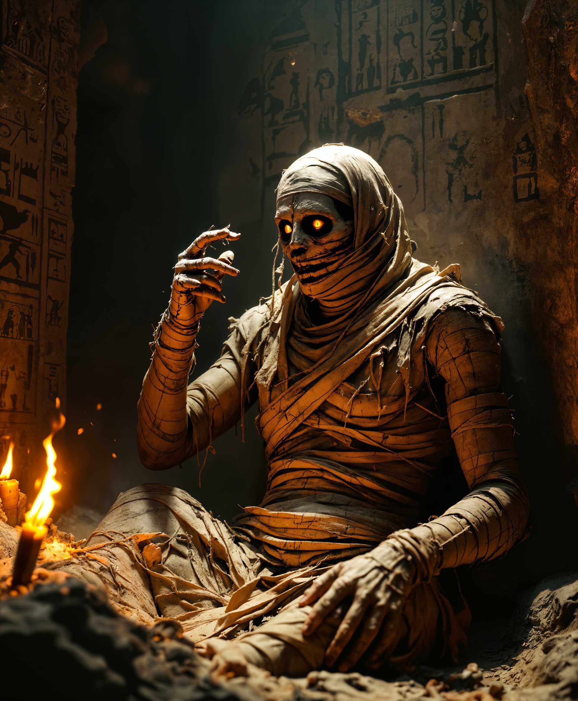 masterpiece, best quality, highres, sharp image, more detail, masterpiece, best quality, highres, sharp image, more detail, **Photorealistic depiction of an ancient Egyptian tomb at night, under the eerie glow of flickering torches, showcasing a dramatic scene where a person is being transformed into a mummy:**

- **Visual Details:** The tomb's walls are adorned with hieroglyphics that seem to come alive in the dim light, casting long, haunting shadows. The person's transformation includes their skin turning into tattered bandages, with some parts still human, others already mummified. The bandages are frayed, stained, and partially unraveling, showing glimpses of the curse's progression. The mummy's eyes glow with an otherworldly light, and the air is thick with dust particles and the scent of ancient decay.

- **Style:** Inspired by the chiaroscuro techniques of Caravaggio, with deep contrasts between light and dark, enhancing the mysterious and ominous atmosphere. The image should also reflect the detailed realism of ancient Egyptian art, with intricate carvings and realistic textures.

- **Composition:** The central figure is the transforming individual, caught mid-transformation, with their body partially wrapped in mummy bandages. The camera angle is slightly low, looking up at the scene, giving the impression of the curse's overwhelming power. The background shows the looming entrance of the tomb, with a faint light from outside casting a silhouette of the pyramid's silhouette against the night sky.

- **Mood and Atmosphere:** The scene is filled with tension, fear, and an eerie sense of inevitability. The atmosphere is heavy with the weight of ancient curses, the silence of the tomb broken only by the soft rustling of bandages and the crackling of torches. The time is midnight, under a moonless sky, amplifying the darkness and the curse's mystique.

- **Technical Aspects:** Utilize a wide-angle lens to capture the grandeur and depth of the tomb, with a shallow depth of field to focus on the transforming figure, blurring the edges of the tomb's interior. Employ a slow shutter speed to capture the motion of the torch flames and the subtle movements of the bandages, adding to the eerie, almost supernatural effect.

- **Cohesion:** All elements should contribute to a narrative of a curse coming to life, where the ancient and the modern collide in a moment of horror. The visual cues, from the detailed hieroglyphics to the realistic portrayal of the transformation, should blend seamlessly to tell a story of fate, horror, and the supernatural.