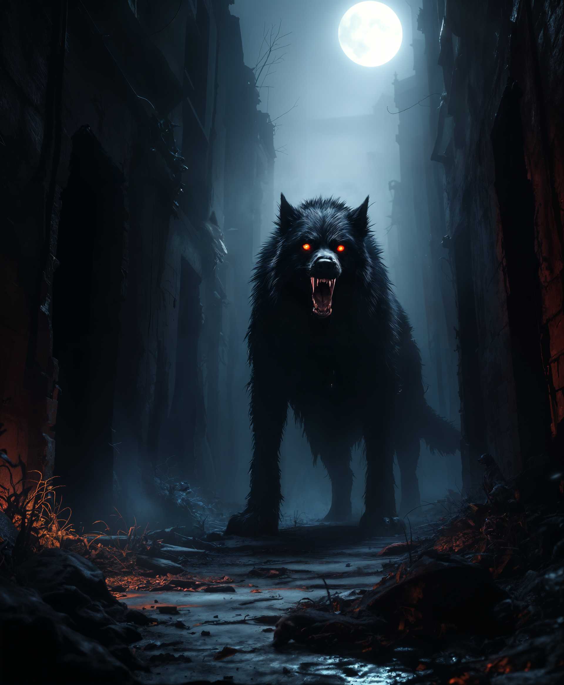 masterpiece, best quality, highres, sharp image, more detail, masterpiece, best quality, highres, sharp image, more detail, **Prompt:** Create a hyper-realistic image depicting an eerie scene where a large, ominous dog with vampiric features is lurking in the shadows. The dog has dark, matted fur, glowing red eyes, and elongated fangs, suggesting its supernatural nature. The lighting is dim, with a single beam of moonlight casting an eerie glow over the scene, highlighting the dog's menacing features. The style should mimic the chiaroscuro technique, emphasizing dramatic contrasts between light and dark to enhance the foreboding atmosphere. The dog is positioned at the center, slightly to the left, facing the viewer with a mix of hunger and warning in its eyes, as if guarding something precious or forbidden. The background consists of an old, abandoned alleyway, with crumbling walls and overgrown weeds, evoking a sense of neglect and decay. The mood is tense, with an impending sense of danger; the atmosphere is thick with fog, and the time of day is late at night, enhancing the gothic horror feel. Use a wide-angle lens effect to capture the full breadth of the scene, ensuring the dog's presence is imposing and overwhelming. The image should convey a warning, "Do not feed the vampire dog, it will grow stronger," through the dog's intense gaze and the unsettling environment.