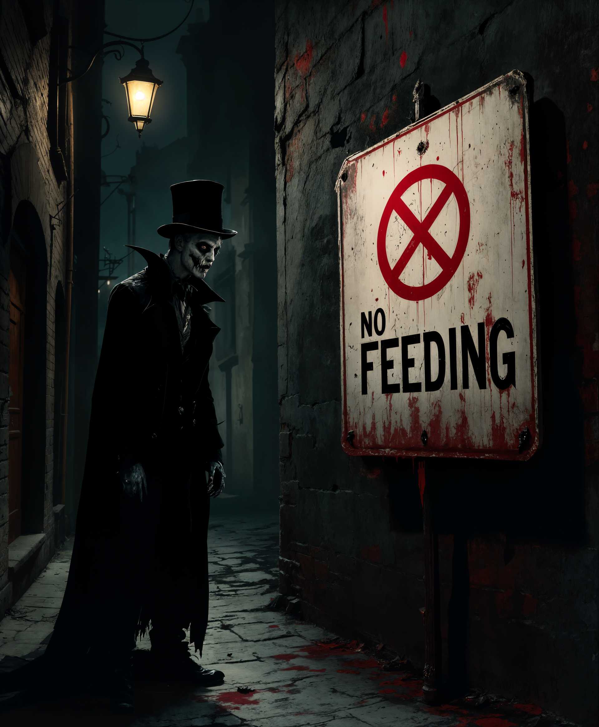 masterpiece, best quality, highres, sharp image, more detail, masterpiece, best quality, highres, sharp image, more detail, ```plaintext
A gothic scene featuring a pale, gaunt vampire with sharp fangs and dark, piercing eyes, standing in the shadows of an old, decrepit Victorian alleyway. The vampire is dressed in tattered Victorian attire, with a long black coat, and a top hat slightly askew. The focus is on the vampire's intense gaze, directed at a **No Feeding** sign prominently displayed on a nearby wall. The sign is weathered, with peeling paint, adding to the eerie atmosphere. 

- **Art Style**: Dark, moody, with a touch of surrealism reminiscent of Edward Hopper's night scenes, but with a gothic twist.
- **Lighting**: Dim, with a single streetlamp casting harsh shadows, creating a chiaroscuro effect that highlights the vampire's features and the sign.
- **Color Palette**: Muted tones with splashes of red for contrast, perhaps from the vampire's eyes or a distant light source.
- **Composition**: Wide shot, the vampire slightly off-center, the sign in the center of the frame, drawing the viewer's eye. The alley stretches into darkness, suggesting isolation and danger.
- **Mood and Atmosphere**: A sense of foreboding and solitude, with the cold, damp air of a night after rain. The scene exudes a mix of melancholy and menace.
- **Technical Aspects**: Shallow depth of field to blur the background slightly, emphasizing the vampire and the sign. Use of grain or noise to enhance the film noir feel.
```