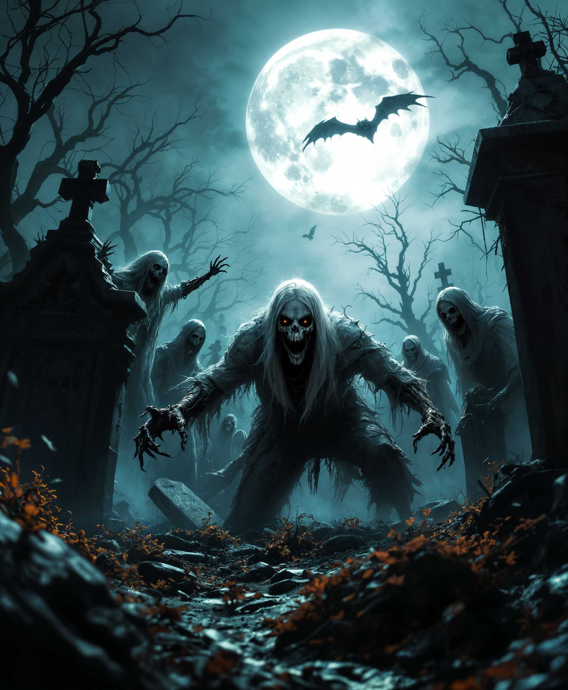 masterpiece, best quality, highres, sharp image, more detail, masterpiece, best quality, highres, sharp image, more detail, Cinematic scene of an **Attack of the Graveyard Ghouls** in a highly detailed, **Victorian Gothic** style:

- **Visual Details**: 
  - Ghouls with **decayed skin**, **exposed bones**, and **torn, grave-cloth attire**.
  - A **foggy, moonlit graveyard** with **crumbling headstones** and **overgrown, twisted vegetation**.
  - **Shadows cast by the moon** create eerie, sharp contrasts.

- **Style**: 
  - **Film noir** inspired, with dramatic **chiaroscuro** lighting techniques.
  - **Tim Burton-esque** aesthetic with exaggerated, grotesque character features.

- **Composition**: 
  - **Wide-angle shot** capturing the scale of the graveyard, with ghouls **emerging from the ground** in the foreground.
  - **Central focus** on a ghoul with a **ghastly expression**, clawing towards the camera.
  - **Background** shows a looming, **crumbling mausoleum**, adding depth to the scene.

- **Mood and Atmosphere**: 
  - **Eerie silence** broken only by the sound of shifting earth and the moans of the undead.
  - **Midnight**, with a **full moon** casting a pale, eerie light over the scene.
  - **Dense fog** swirling around, creating a sense of mystery and dread.

- **Technical Aspects**: 
  - **High contrast** between light and shadow to emphasize the horror.
  - **Motion blur** on the ghouls as they move, suggesting rapid, unnatural movement.
  - **Depth of field** focusing on the ghouls in the foreground, with the background slightly blurred to enhance the sense of depth.

- **Cohesion**: 
  - All elements work together to create a **terrifying, otherworldly scene** where the line between life and death blurs in the **ethereal, ghostly light**.