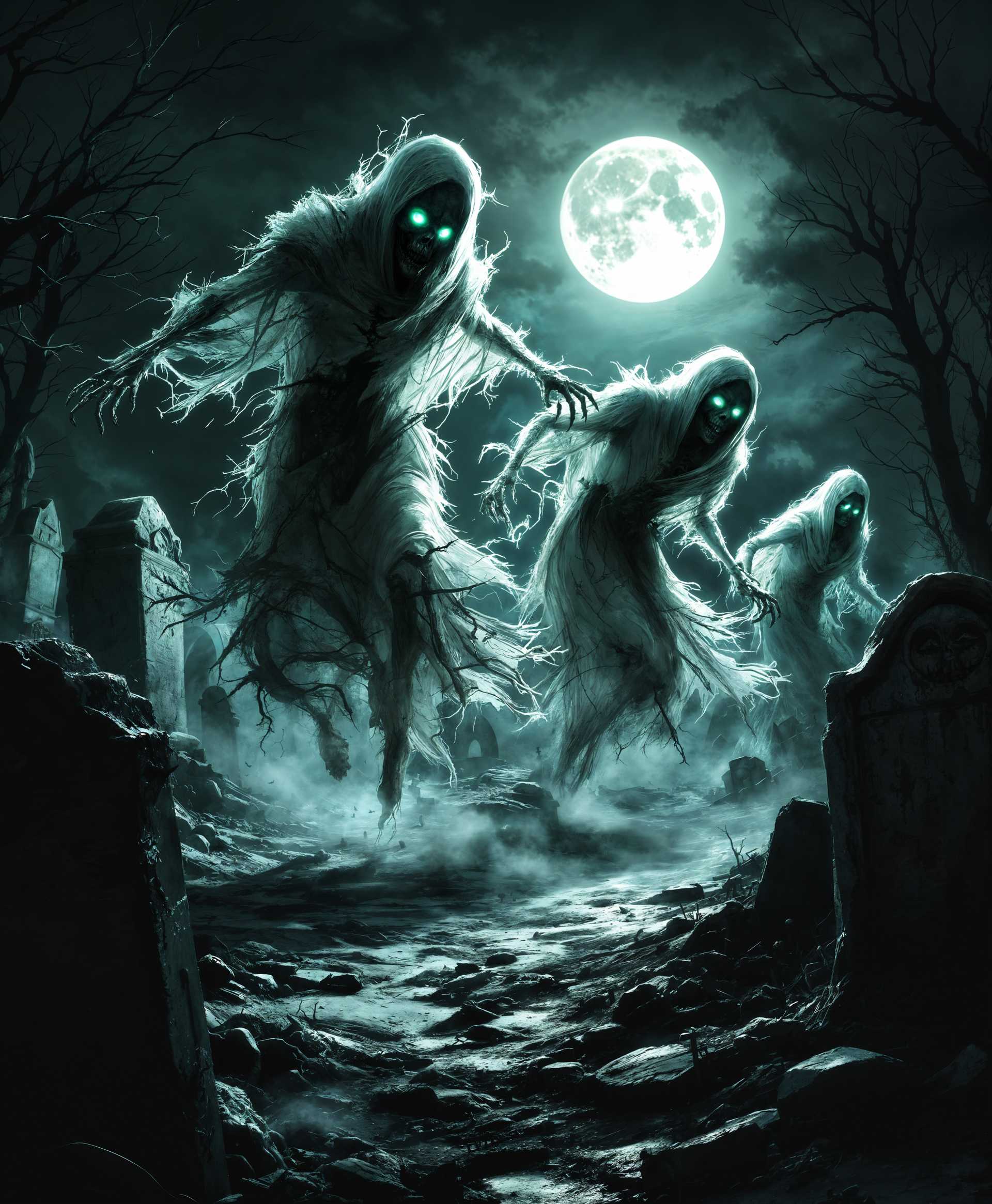 masterpiece, best quality, highres, sharp image, more detail, masterpiece, best quality, highres, sharp image, more detail, **Prompt:**

An eerie night scene depicting a graveyard under a full moon, where ghouls with tattered, ethereal forms are emerging from the ground in a sudden, aggressive flight. 

- **Visual Details:** The ghouls have translucent, ghostly bodies with visible skeletal structures, their eyes glowing an unnatural green. Their clothing is in various states of decay, with ragged edges that flutter eerily in the wind. The ground is littered with tombstones, some broken, with patches of fog rolling between them. The moon casts long, distorted shadows, enhancing the otherworldly atmosphere. 

- **Colors:** Predominantly dark shades with splashes of eerie green and silver moonlight. 

- **Lighting:** Harsh moonlight highlights the textures of the tombstones and the ghouls' spectral forms, creating stark contrasts and deep shadows.

- **Artistic Style:** Inspired by gothic horror illustrations, blending surrealism with a touch of chiaroscuro to emphasize light and dark contrasts. 

- **Composition:** The camera angle is low, looking up at the ghouls as they ascend, giving a sense of their overwhelming presence. The graveyard stretches into the background, creating depth with tombstones diminishing in size. 

- **Mood and Atmosphere:** The scene is filled with an intense sense of dread, the night air heavy with the supernatural. The atmosphere is thick with mist, and the only sounds are the ghouls' eerie whispers and the rustling of their decayed clothing.

- **Technical Aspects:** Use a wide-angle lens to capture the expansive graveyard and the dynamic movement of the ghouls. Implement a shallow depth of field to blur the background tombstones slightly, focusing on the ghouls. 

- **Cohesion:** The scene is unified by the pervasive sense of supernatural terror, with every element from the ghouls to the graveyard's layout contributing to the narrative of an ancient evil being unleashed under the cover of night.