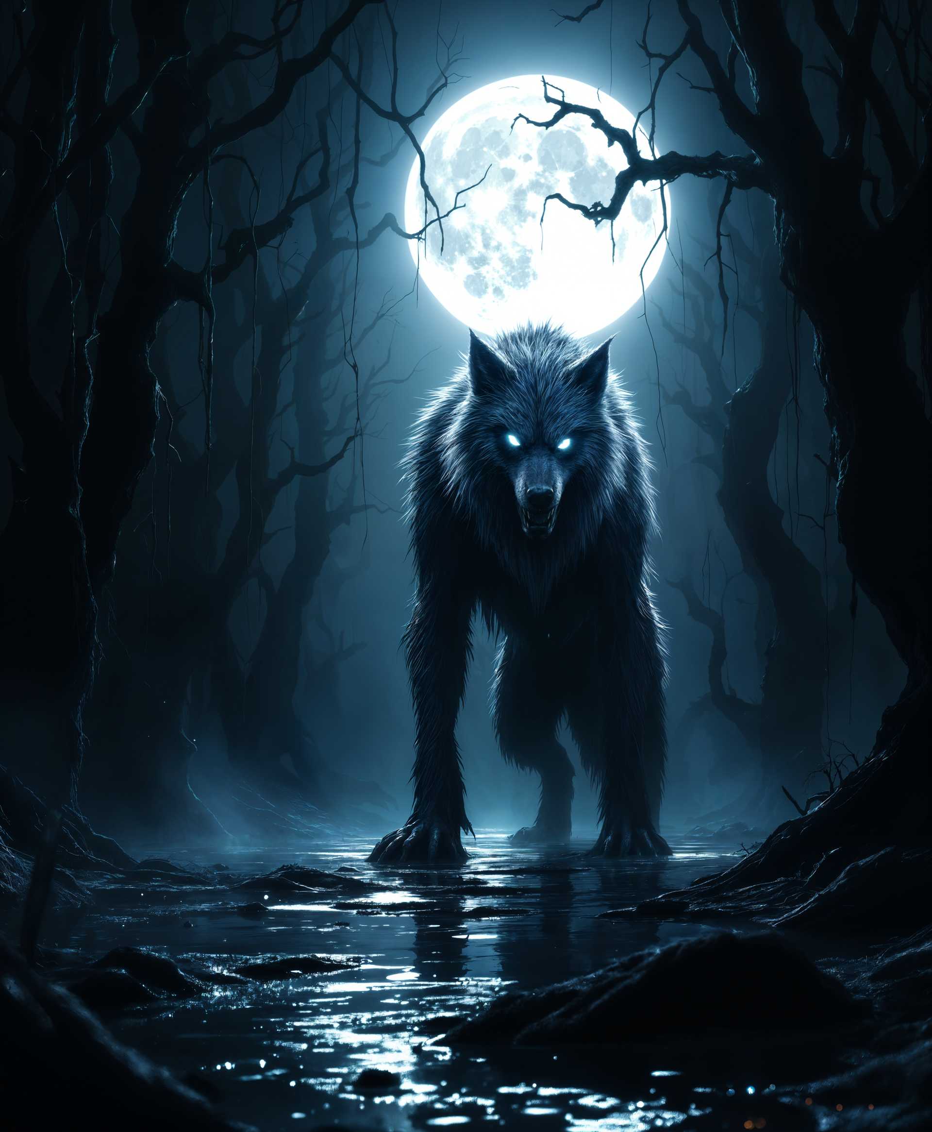 masterpiece, best quality, highres, sharp image, more detail, masterpiece, best quality, highres, sharp image, more detail, **Prompt:**

Visualize a dark, murky swamp at night under the light of a full, luminous moon. The scene is set in an otherworldly fever swamp, where the ground is uneven with patches of water reflecting the moon's glow. Here's how to capture this eerie scene:

- **Subject:** A large, menacing werewolf stands at the center, its fur damp and matted, reflecting the moonlight with a silver sheen. Its eyes glow with a supernatural intensity, piercing through the fog.

- **Environment:** The swamp is overgrown with twisted, gnarled trees and hanging vines, creating a claustrophobic, labyrinthine setting. The water is stagnant, with occasional bubbles breaking the surface, suggesting hidden life beneath. 

- **Lighting:** The primary light source is the full moon, casting eerie shadows and highlights. Use a chiaroscuro technique to enhance the contrast between the dark swamp and the illuminated elements, like the werewolf's fur and eyes.

- **Atmosphere:** The air is thick with humidity and mist, creating a hazy, dreamlike quality. The mood is tense, with a sense of impending danger, as if the swamp itself is alive and watching.

- **Composition:** Utilize a low angle shot to make the werewolf appear more imposing, positioned slightly off-center to allow space for the swamp's depth and mystery. Frame the scene so that the werewolf's gaze meets the viewer, creating an intense connection.

- **Style:** Mimic the surreal, atmospheric style of painters like Caspar David Friedrich or the darker, more gothic works of Gustave Doré, combining realism with an otherworldly touch.

- **Details:** Include subtle details like the reflection of the moon in the werewolf's eyes, the texture of the fur with droplets of water, and the intricate root systems of the swamp trees. Use a shallow depth of field to focus on the werewolf while the background remains slightly blurred, enhancing the dreamlike quality.

- **Technical Aspects:** Employ a long exposure to capture the motion of the mist, creating a ghostly effect. Use a wide aperture for the depth of field, and consider a slightly desaturated color palette to emphasize the supernatural elements.

**Cohesion:** This scene should blend the natural elements of a swamp with the supernatural presence of the werewolf, creating a believable yet fantastical setting where the ordinary becomes extraordinary under the feverish glow of the full moon.