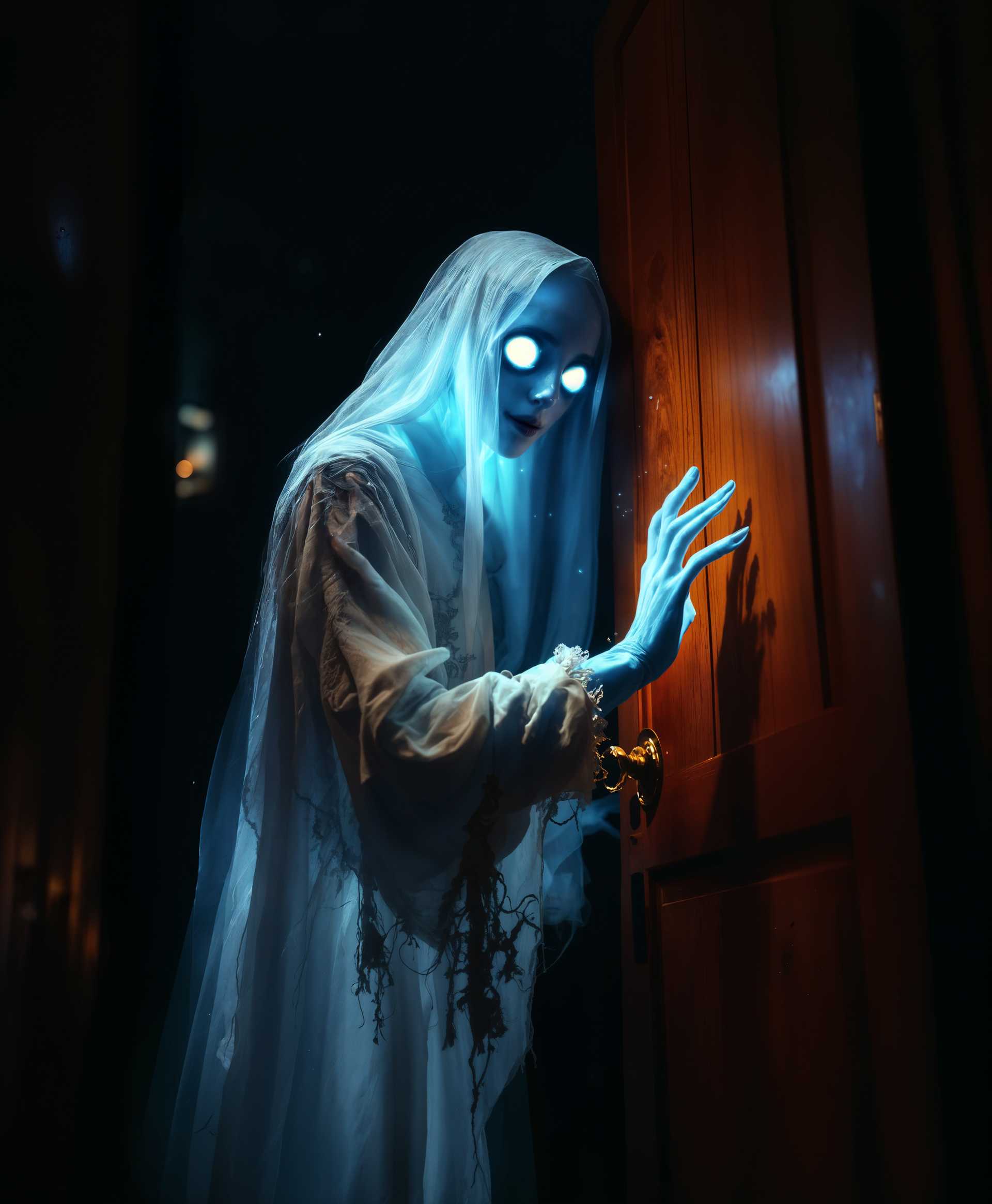 masterpiece, best quality, highres, sharp image, more detail, masterpiece, best quality, highres, sharp image, more detail, A ghostly apparition, translucent and ethereal, dressed in tattered Victorian-era clothing, is depicted in the act of knocking on a modern wooden door. The ghost has a serene yet mischievous expression, with glowing, pale blue eyes that contrast against the dark, shadowy hallway. The scene captures the moment of contact, with a soft, otherworldly light emanating from the ghost's form, illuminating the dust particles in the air. The style is reminiscent of Tim Burton's gothic aesthetic, with exaggerated features and a touch of whimsy. The camera angle is low, as if from the perspective of someone inside the house looking out through a peephole, creating an intimate, voyeuristic composition. The mood is eerie yet inviting, set at twilight with the ambient light of dusk filtering through a nearby window, casting long shadows. Technical aspects include a shallow depth of field, focusing sharply on the ghost and the door, while the background blurs into soft, abstract shapes, enhancing the surreal atmosphere.