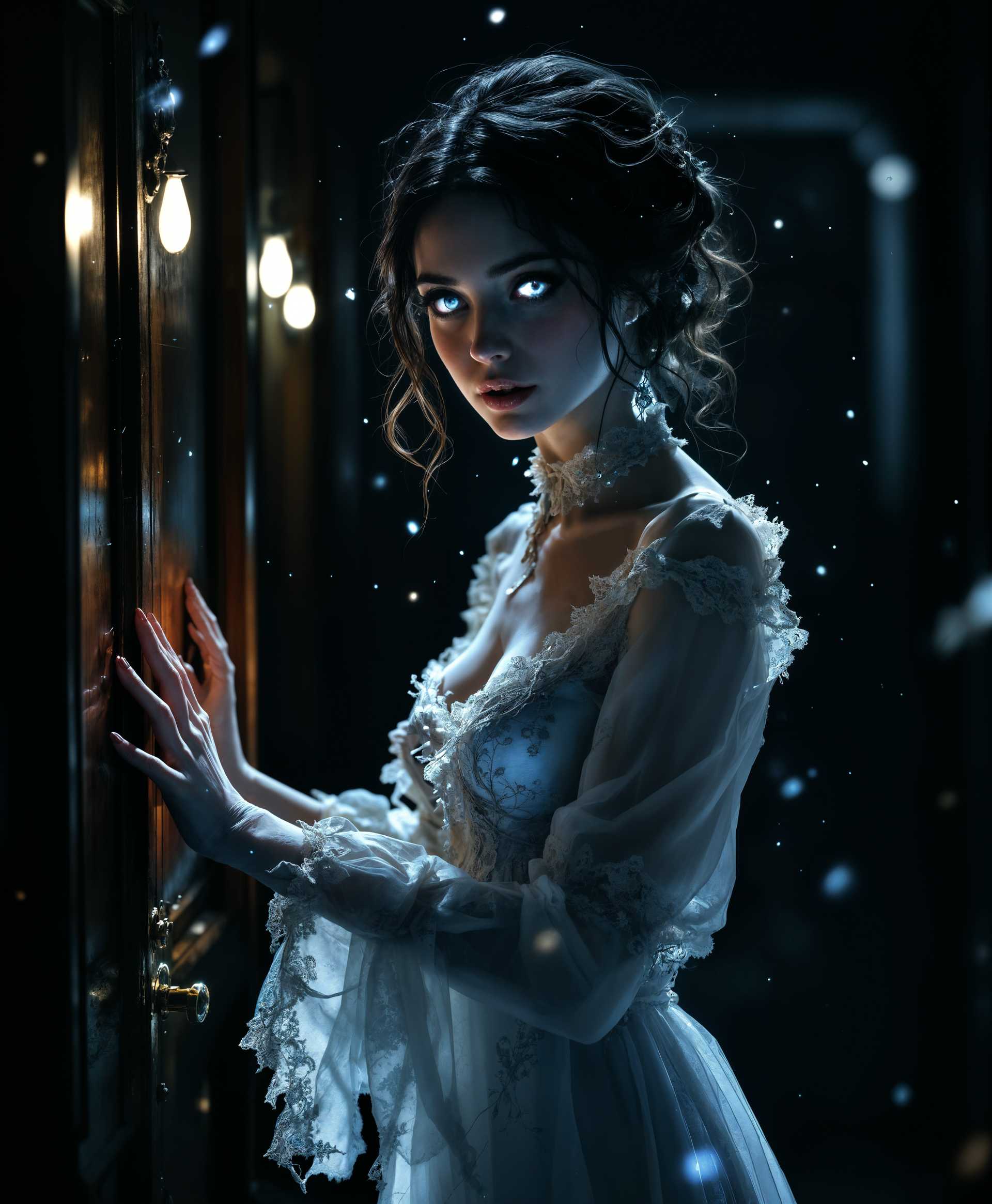 masterpiece, best quality, highres, sharp image, more detail, masterpiece, best quality, highres, sharp image, more detail, A ghostly apparition, translucent and ethereal, dressed in tattered Victorian-era clothing, is depicted in the act of knocking on a modern wooden door. The ghost has a serene yet mischievous expression, with glowing, pale blue eyes that contrast against the dark, shadowy hallway. The scene captures the moment of contact, with a soft, otherworldly light emanating from the ghost's form, illuminating the dust particles in the air. The style is reminiscent of Tim Burton's gothic aesthetic, with exaggerated features and a touch of whimsy. The camera angle is low, as if from the perspective of someone inside the house looking out through a peephole, creating an intimate, voyeuristic composition. The mood is eerie yet inviting, set at twilight with the ambient light of dusk filtering through a nearby window, casting long shadows. Technical aspects include a shallow depth of field, focusing sharply on the ghost and the door, while the background blurs into soft, abstract shapes, enhancing the surreal atmosphere.