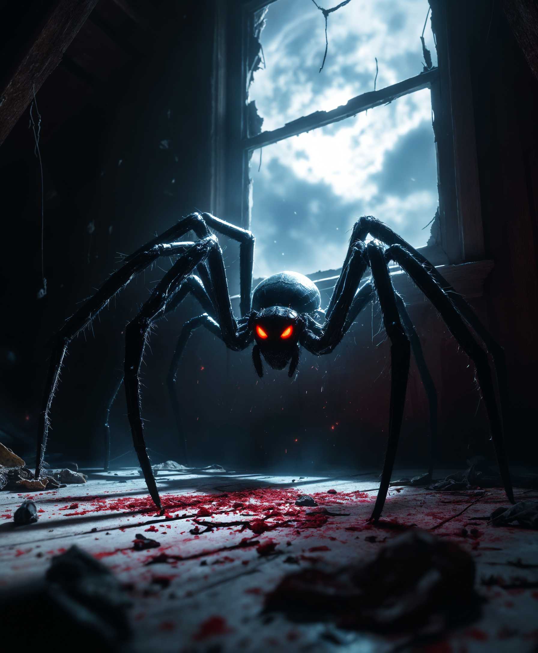 masterpiece, best quality, highres, sharp image, more detail, masterpiece, best quality, highres, sharp image, more detail, **Prompt for AI Image Generation:**

A photorealistic, high-resolution image of a **large, menacing spider** with **glossy black exoskeleton** and **red, glowing eyes** peering down from the dark, cobwebbed recesses of an **abandoned attic**. The spider's **legs are spread wide**, casting eerie shadows on the **cracked, dusty floorboards**. The scene is illuminated by a **single shaft of moonlight** piercing through a **broken window**, highlighting the **dust motes in the air** and creating a **sinister, chiaroscuro effect**. The **atmosphere is thick with tension**, the air almost palpably heavy with dread. The **camera angle is low**, looking up at the spider, emphasizing its **imposing size** and the **horror of its gaze**. The **composition frames the spider against the backdrop of an **ominous, stormy night sky** visible through the attic window, enhancing the **uncanny and terrifying mood**. The **style is reminiscent of horror movie posters** from the 1970s, with **high contrast and deep shadows** to evoke fear and suspense.