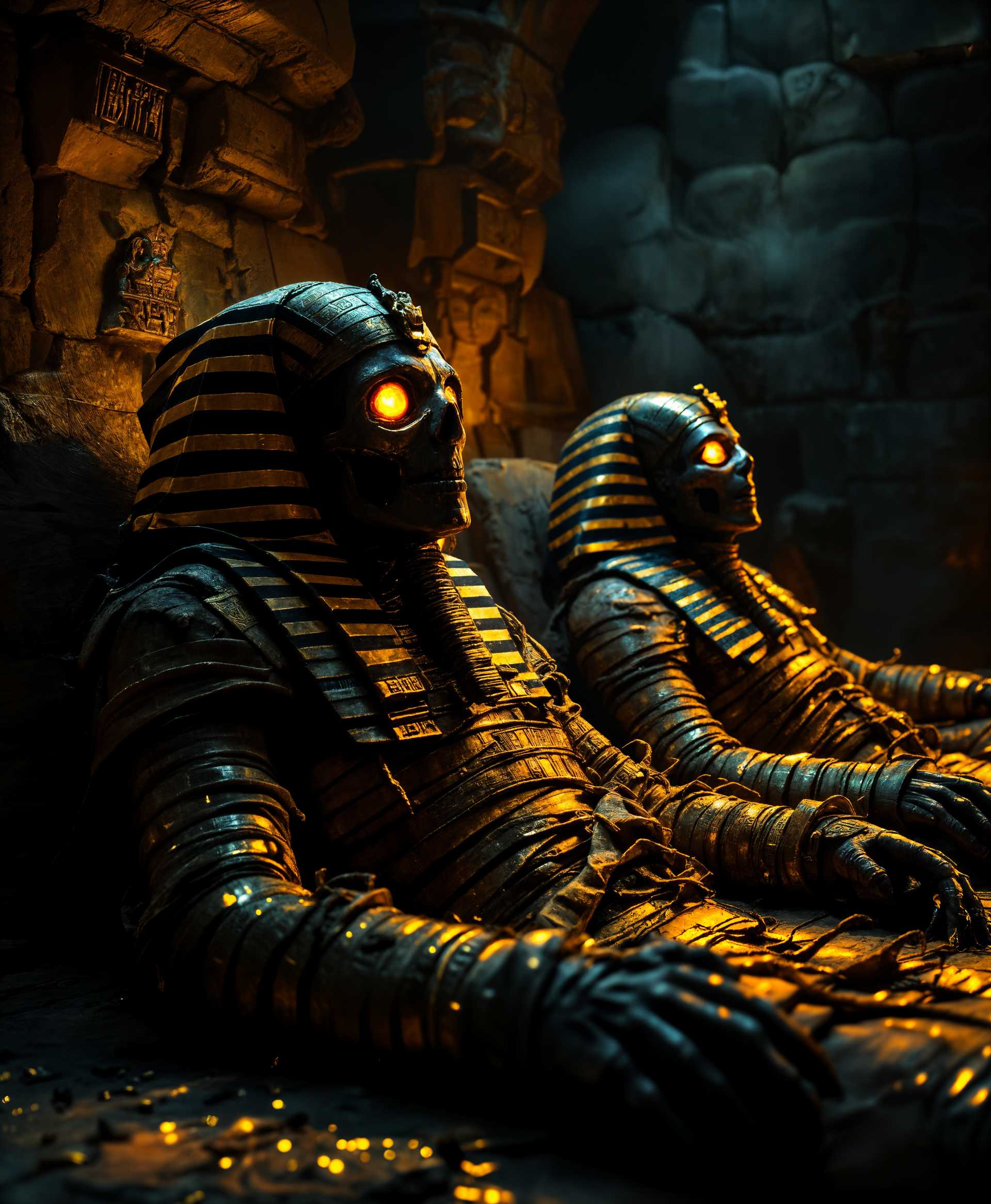 masterpiece, best quality, highres, sharp image, more detail, masterpiece, best quality, highres, sharp image, more detail, ```plaintext
In the depths of an ancient Egyptian tomb, illuminated by the soft, golden glow of eternal torches, a scene unfolds where the mummies of pharaohs are coming back to life. Their bandages, intricately wrapped and adorned with hieroglyphs and gold leaf, shimmer under the flickering light. The texture of the bandages is crisp yet delicate, each thread visible, hinting at the passage of time. 

The style is reminiscent of the grandeur of ancient Egypt, with elements of surrealism to capture the mystical resurrection. The composition centers on the pharaohs, standing tall and regal, their eyes glowing with an otherworldly light, surrounded by the shadows of the tomb's walls covered in faded yet still vibrant paintings. 

The atmosphere is eerie yet majestic, with a sense of awe and reverence. The air is thick with the scent of ancient spices and the faint, musty smell of undisturbed time. The light casts long shadows, creating a chiaroscuro effect that adds depth and drama to the scene.

Use techniques like high contrast lighting to emphasize the mystical revival, with a wide-angle lens to capture the vastness of the tomb and the imposing presence of the pharaohs. Ensure the depth of field focuses on the pharaohs, with the background slightly blurred to highlight their return to the realm of the living.
```