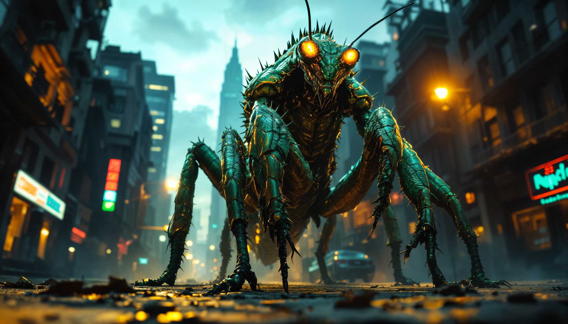 masterpiece, best quality, highres, sharp image, more detail, masterpiece, best quality, highres, sharp image, more detail, A colossal praying mantis, rendered in high-definition detail, strides menacingly down a deserted urban street at twilight. Its body is covered in eerie, iridescent green armor with sharp, menacing spikes, casting long shadows under the dim, flickering streetlights. The scene is set in a horror-themed environment, with the mantis's compound eyes glowing ominously, reflecting the city's ghostly ambiance. The composition features a low-angle shot, emphasizing the mantis's towering height and predatory stance, as if it's stalking its prey. The mood is tense and foreboding, with a slight mist hanging in the air, creating an atmosphere of dread. The street is lined with dilapidated buildings, some with broken windows, contributing to the post-apocalyptic horror setting. Use techniques like chiaroscuro for dramatic lighting contrasts and depth of field to blur the background, focusing attention on the mantis. The style should evoke a blend of film noir with elements of surrealism, capturing the horror through a distorted, unsettling lens.