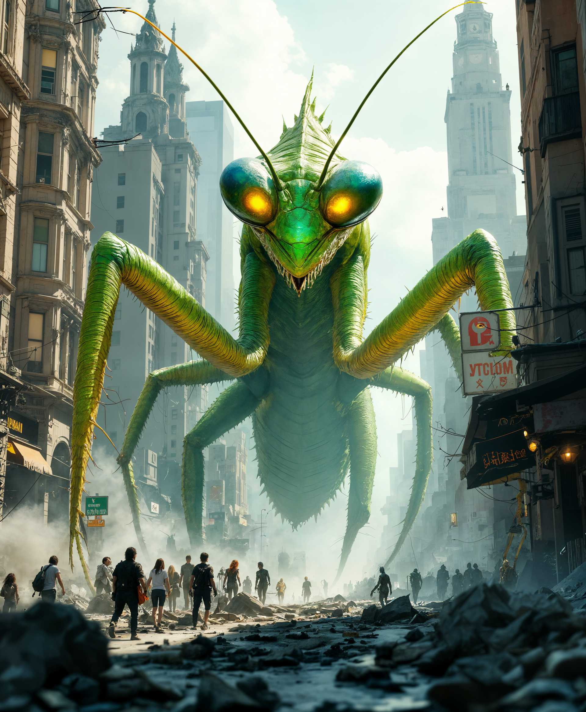 masterpiece, best quality, highres, sharp image, more detail, masterpiece, best quality, highres, sharp image, more detail, A colossal, Godzilla-sized praying mantis, with its menacing green exoskeleton shimmering under the midday sun, strides through the heart of a bustling cityscape. Its long, serrated forelegs are poised for destruction, casting ominous shadows over the urban environment. The scene captures:

- **Visual Details:** The mantis's compound eyes reflect the chaos around it, glowing with an eerie, predatory light. Its body is detailed with realistic textures, showing the fine, hair-like structures on its limbs and the vibrant, almost iridescent green hue of its carapace. The city buildings are depicted with varied architectural styles, some crumbling under the weight of the creature's passing, others intact but soon to be its prey.

- **Style:** This scene is rendered in a hyper-realistic style, reminiscent of modern CGI films like those from the Godzilla franchise, with a touch of surrealism to highlight the fantastical nature of the subject.

- **Composition:** The camera angle is low, looking up at the towering insect, emphasizing its size and dominance over the city. The mantis is positioned centrally, with its path of destruction leading from the foreground to the background, showcasing the scale of devastation.

- **Mood and Atmosphere:** The atmosphere is tense, with dust and debris filling the air, casting a golden, smoky haze over the scene. The time is late afternoon, with long shadows and a setting sun that bathes the city in an orange glow, contrasting with the green of the mantis.

- **Technical Aspects:** Depth of field focuses sharply on the mantis, with the cityscape slightly blurred to emphasize the creature's presence. The lighting is dramatic, with high contrast between light and shadow to enhance the dramatic mood.

- **Cohesion:** Every element, from the realistic portrayal of the praying mantis to the detailed destruction of the city, works together to create a believable yet fantastical scene where nature's might overshadows human civilization.
