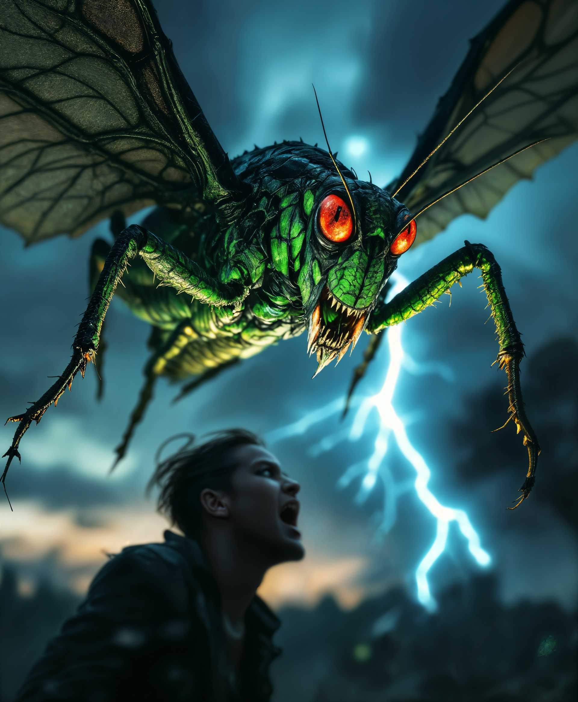 masterpiece, best quality, highres, sharp image, more detail, masterpiece, best quality, highres, sharp image, more detail, A large, demonically inspired grasshopper, with **vivid green and black** hues, **menacing red eyes**, and **sharp, serrated mandibles**, is captured in mid-flight, **wings spread wide** to reveal intricate, **gothic patterns** as it approaches to bite a human. The scene is **lit by a dramatic, twilight sky**, casting **long shadows** and highlighting the **textured exoskeleton** of the insect. The **camera angle** is from slightly below, emphasizing the **imposing size** and **ferocity** of the grasshopper. The human, in **blurred motion**, recoils in **horror** and **surprise**, their **face illuminated by a sudden flash of lightning** in the background, adding to the **sinister atmosphere**. The composition employs a **dynamic, diagonal movement** to convey **imminent danger**, with **high contrast** lighting and **shallow depth of field** focusing sharply on the creature's **terrifying features**. The **artistic style** blends **hyper-realism** with **fantasy elements**, evoking a **dark, surreal** narrative.