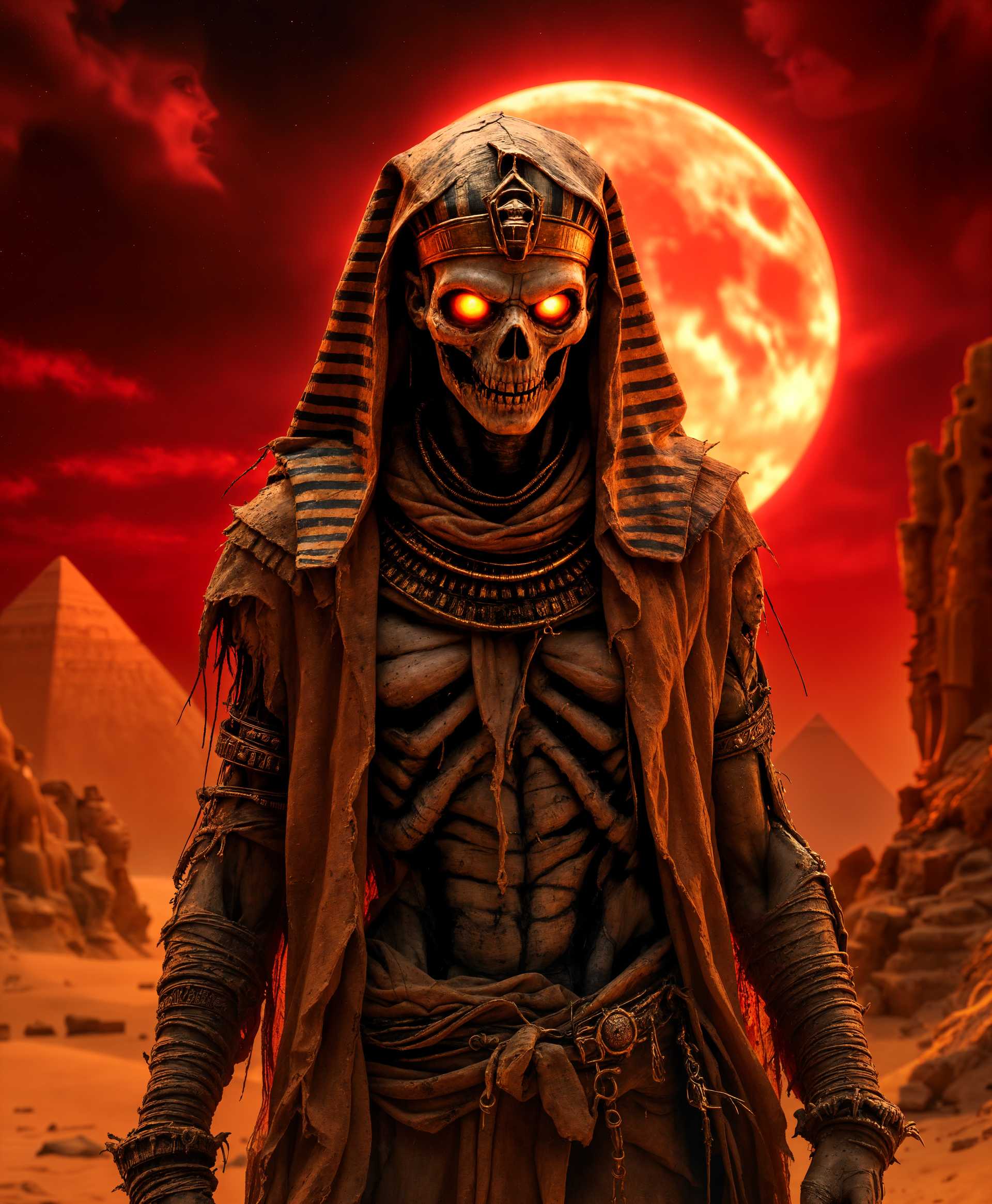 masterpiece, best quality, highres, sharp image, more detail, masterpiece, best quality, highres, sharp image, more detail, In the haunting glow of a blood-red sunset, a **dangerous Pharaoh Zombie** from ancient Egypt stands ominously against a backdrop of crumbling sandstone pyramids. This undead ruler is depicted in a hyper-realistic style, reminiscent of a masterwork by H.R. Giger, with:

- **Visual Details**: His flesh is decayed yet preserved with an eerie, leathery texture, covered in ornate, tattered bandages that hint at royal linens. His skin is a ghastly pallor, with patches of sand and ancient dust clinging to him. The eyes glow with a malevolent, otherworldly light, set deep within sockets that are both sunken and shadowed, enhancing the chilling gaze.

- **Style**: The image captures the macabre beauty of Egyptian art with a dark twist, employing chiaroscuro lighting to cast dramatic shadows, highlighting the horror of undeath against the grandeur of ancient royalty. The style fuses Egyptian art's hieratic scale with Gothic horror, creating a surreal, unsettling atmosphere.

- **Composition**: The Pharaoh Zombie is centrally positioned, dominating the frame, with a low camera angle to emphasize his towering, menacing presence. The background features the sprawling ruins of his once-mighty empire, now partially buried under the sands of time.

- **Mood and Atmosphere**: A palpable sense of dread permeates the scene, with the air thick with the scent of decay. The light is dim, casting long, twisted shadows that dance across the ancient stone, creating a foreboding atmosphere where time seems to have stopped in a moment of eternal darkness.

- **Technical Aspects**: The image uses a shallow depth of field to focus on the Pharaoh's face, blurring the distant pyramids into a ghostly backdrop. The scene is captured with a wide-angle lens to enhance the sense of scale and the oppressive presence of the undead ruler. 

- **Cohesion**: Every element, from the sand clinging to his bandages to the eerie glow of his eyes, works together to tell a story of a once-proud ruler now cursed to walk the sands of his forgotten kingdom, embodying both the terror and the tragedy of eternal life in death.