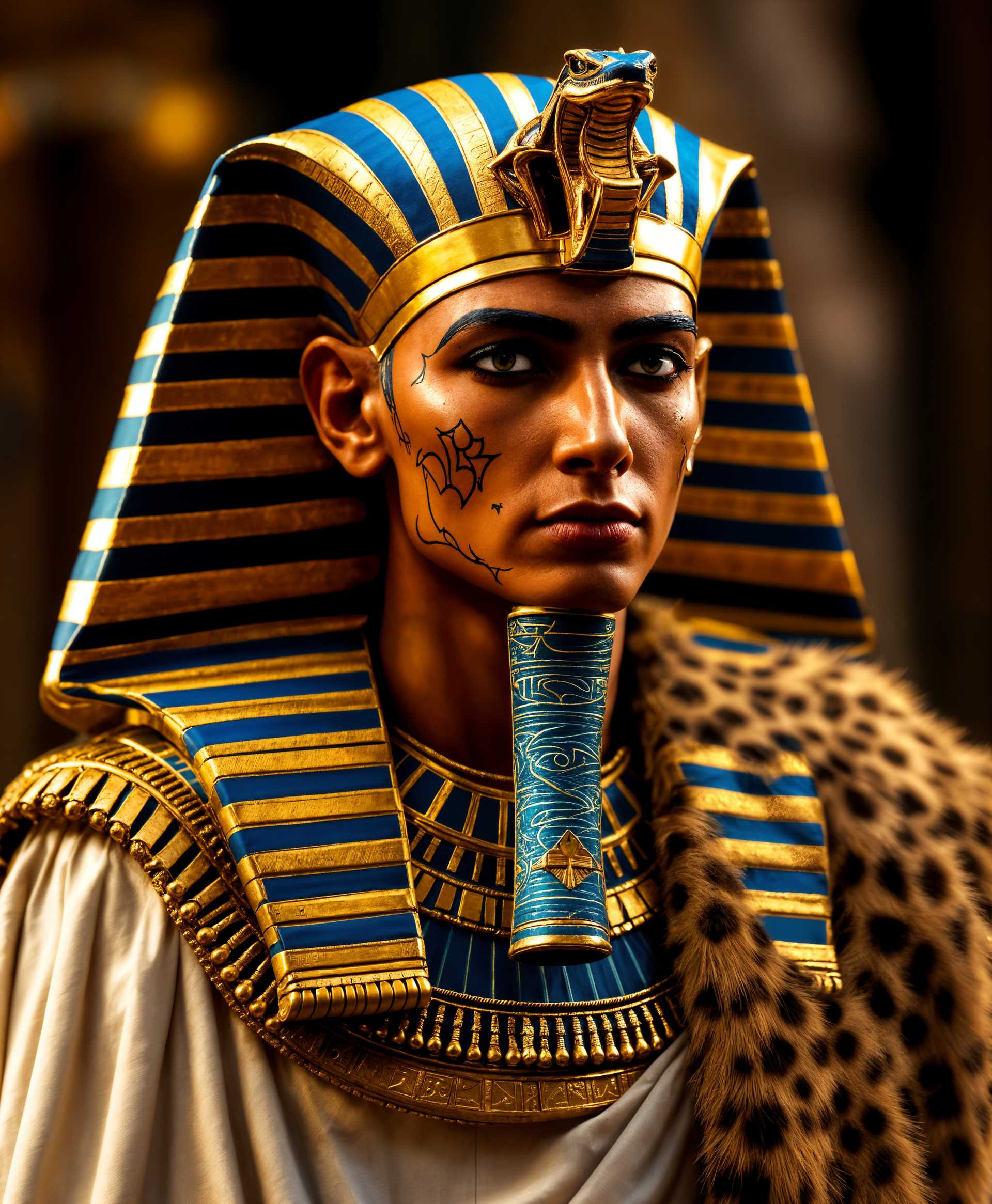 masterpiece, best quality, highres, sharp image, more detail, masterpiece, best quality, highres, sharp image, more detail, A high-resolution photograph capturing the regal presence of an ancient Egyptian Pharaoh, depicted in a **hyper-realistic** style reminiscent of **Egyptian art**. The image showcases:

- **Visual Details:** 
  - The Pharaoh wears an elaborate **nemes headdress** adorned with a **uraeus**, the cobra symbolizing divine authority. The headdress is made of fine linen, intricately pleated, with vibrant stripes of gold and deep blue.
  - His skin is depicted in the traditional **reddish-brown hue** of Egyptian royalty, with **intricate tattoos** symbolizing protection and power.
  - Jewelry includes a **broad collar** of gold and faience beads, intricately designed to reflect the sun's light with a soft glow.
  - A **shendyt kilt** of white linen, meticulously pleated, falls to the knees, with a **leopard skin pelt** draped over one shoulder.

- **Style:**
  - The image captures the **Egyptian bas-relief style**, with sharp outlines and minimal shading, but rendered with **hyper-realistic textures** and details to give it a modern photographic quality.

- **Composition:**
  - The Pharaoh is positioned **frontally**, a nod to the traditional Egyptian portrayal, with his **head turned slightly to the side** to reveal the profile.
  - The camera angle is **slightly below eye level** to emphasize the Pharaoh's authority and power, with a **bokeh background** of ancient Egyptian hieroglyphs and papyrus reeds.

- **Mood and Atmosphere:**
  - The setting suggests an **early morning** light, with the sun just beginning to cast long shadows, creating a serene and divine atmosphere.
  - The air is still, with a subtle mist hovering above the Nile, symbolizing the eternal nature of the Pharaoh's rule.

- **Technical Aspects:**
  - The photo employs **high dynamic range (HDR)** to capture the intricate details of the Pharaoh's attire and the ambient lighting.
  - **Soft focus** on the background elements, while the Pharaoh remains in sharp, detailed focus, highlighting his significance.

- **Cohesion:**
  - Every element, from the Pharaoh's attire to the setting, works in harmony to create a scene that feels both historically accurate and visually compelling, blending ancient Egyptian aesthetics with modern photographic techniques.