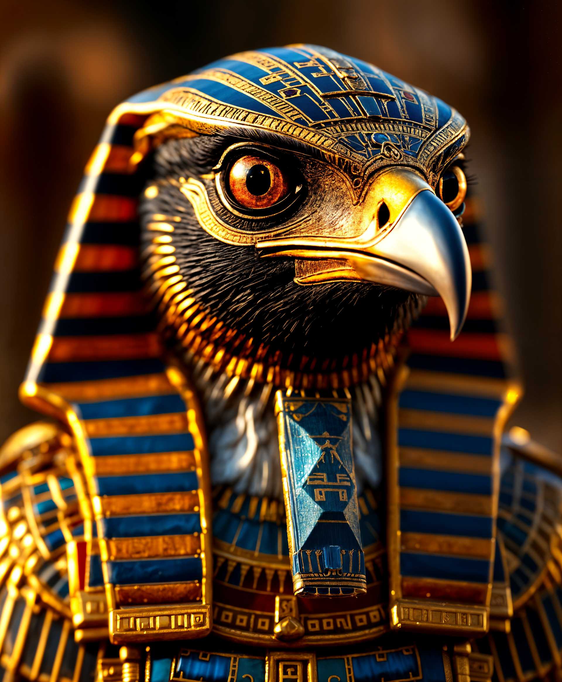 masterpiece, best quality, highres, sharp image, more detail, masterpiece, best quality, highres, sharp image, more detail, A highly detailed, photorealistic portrait of the **Bird Pharaoh** from Ancient Egypt, featuring:

- **Subject**: The pharaoh with the head and face of a majestic falcon, embodying the divine aspect of ancient Egyptian royalty.
- **Visual Elements**:
  - **Texture**: The pharaoh's headdress adorned with intricate gold and lapis lazuli inlays, reflecting the rich craftsmanship of the era.
  - **Colors**: A palette dominated by gold, deep blue, and rich reds, with subtle highlights and shadows to emphasize depth.
  - **Lighting**: Lit by the warm glow of desert sunset, casting long, dramatic shadows that accentuate the regal features.
- **Artistic Style**: Echoing the grandeur of ancient Egyptian art, with a blend of hieroglyphic motifs and realistic bird anatomy.
  - **Photography Technique**: Shot with a shallow depth of field to isolate the subject, creating a sharp focus on the bird's eyes and the detailed headdress.
- **Composition**: 
  - **Positioning**: The pharaoh is centered, slightly turned to the side to showcase the profile of the bird's head, exuding power and mystique.
  - **Framing**: Framed to include the hieroglyphic inscriptions on the walls, subtly blending the pharaoh with the surroundings.
- **Mood and Atmosphere**: 
  - **Time**: Late afternoon, with the setting sun casting a golden light that symbolizes the divine connection.
  - **Ambiance**: A sense of reverence and awe, with the air carrying the faint scent of incense, evoking the sacredness of the temple.
- **Technical Aspects**: 
  - **Lens**: Wide-angle lens to capture the grandeur of the setting while focusing on the subject.
  - **Exposure**: Balanced to retain the details in both highlights and shadows, enhancing the mystical atmosphere.

This image should evoke the timeless majesty of ancient Egyptian culture, where the divine and the earthly seamlessly intertwine, creating an atmosphere of sacred power and eternal beauty.