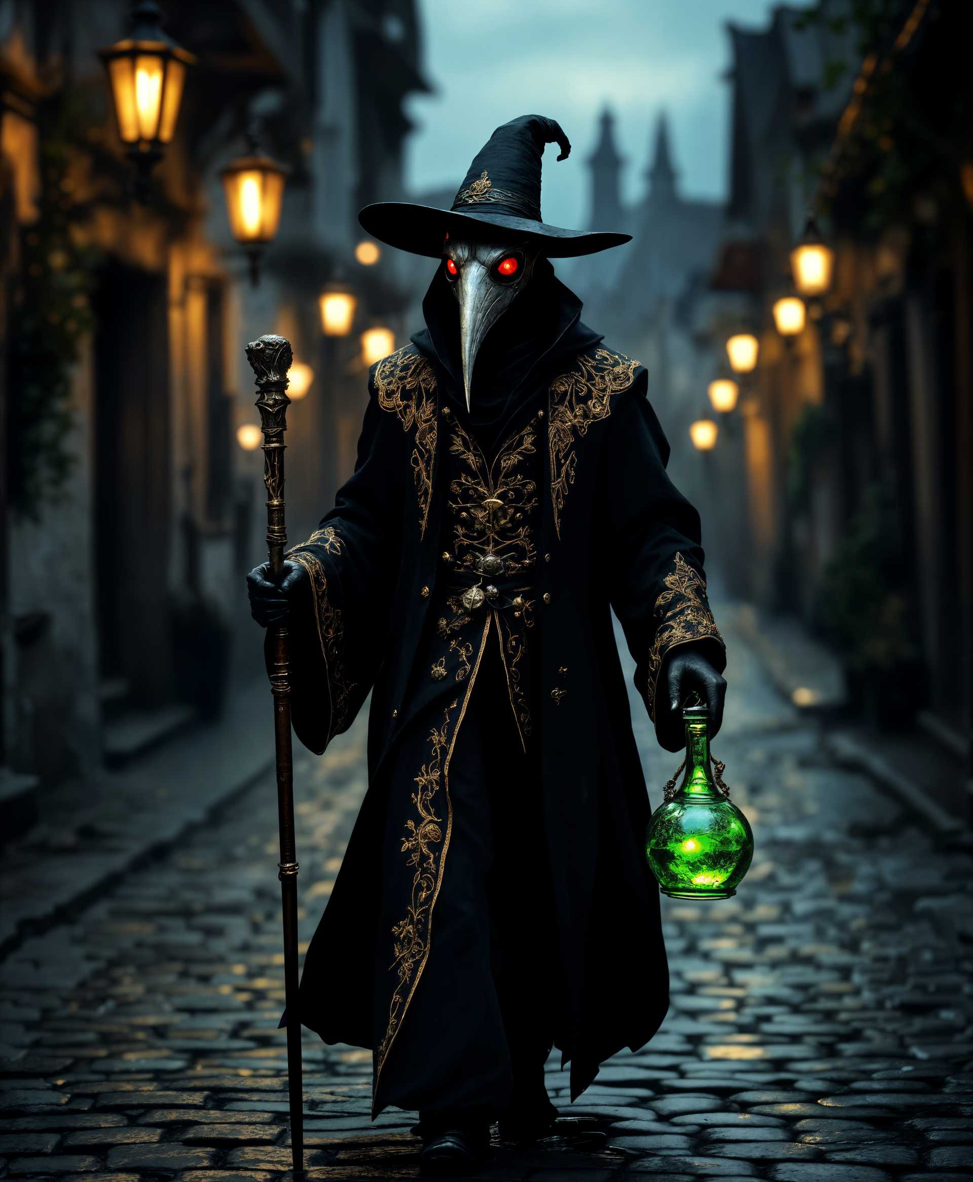 masterpiece, best quality, highres, sharp image, more detail, masterpiece, best quality, highres, sharp image, more detail, A high-resolution, photorealistic image of a **Plague Doctor** from the 17th century, walking down a cobblestone street in an **Old European Town** at **dusk**. The street is dimly lit with flickering **gas lamps** casting long shadows. The doctor wears a **black robe** with **intricate embroidery** in gold thread, his **wide-brimmed hat** slightly tilted, and his **beak-like mask** with **red glass eyes** reflecting the eerie light. 

- **Subject**: The doctor is in the foreground, his **long cane** with an ornate silver handle aiding his stride, and he carries a **green glass potion bottle** with a **stopper**, the liquid inside shimmering with an otherworldly glow.
- **Composition**: The image uses **leading lines** of the cobblestones to guide the viewer's eye towards the doctor, who occupies the **golden ratio** point of the frame. The street narrows, giving a sense of depth and leading to a **foggy, indistinct background** that hints at more of the town beyond.
- **Atmosphere**: The atmosphere is **mysterious and slightly ominous**, with the **moody lighting** from the gas lamps creating dramatic highlights and deep shadows. The air has a **haze** from the fog, and distant sounds of **townsfolk** are implied but not visible.
- **Details**: The cobblestones are wet from recent rain, reflecting light in small puddles; the architecture around shows **Gothic Revival elements** with **pointed arches** and **ornate ironwork**. Leaves from autumn trees litter the street, adding to the **historical authenticity** of the scene.
- **Technical Aspects**: Use **chiaroscuro** for dramatic light and dark contrast, **vignetting** to focus on the subject, and **shallow depth of field** to blur the background slightly, emphasizing the doctor's presence. 

This image should capture the **historical**, **mystical**, and **foreboding** essence of the Plague Doctor's role in society during an epidemic.