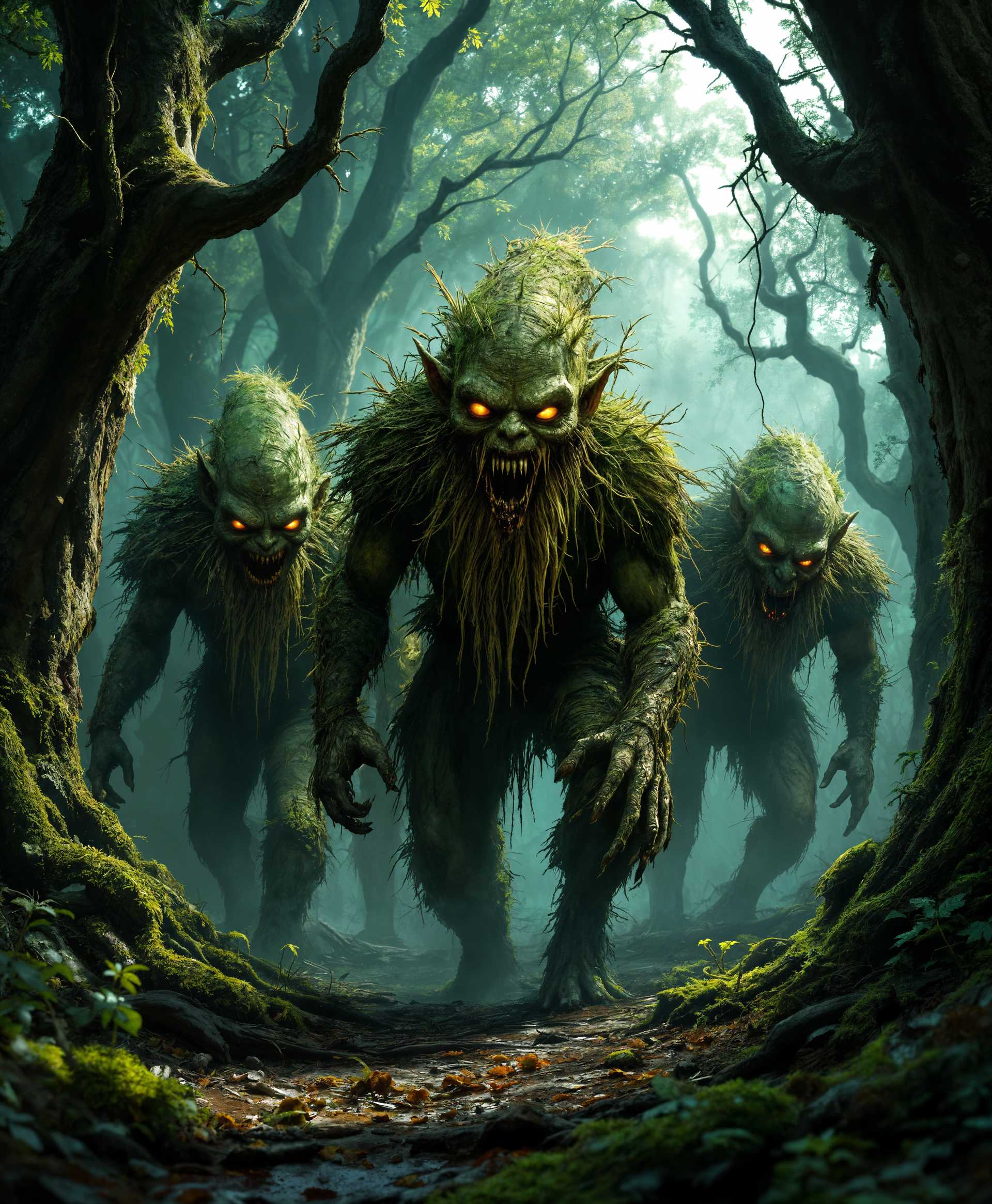 masterpiece, best quality, highres, sharp image, more detail, masterpiece, best quality, highres, sharp image, more detail, A meticulously detailed scene depicting **The Revenge of the Gnomes**, set in a dense, mystical forest at twilight. The atmosphere is eerie, with a thin mist hovering over the ground, casting long shadows from the ancient trees. The gnomes, with their **green, mossy skin** that blends with the forest, are portrayed in a **hyper-realistic style**, emphasizing their **deadly nature**:

- **Visual Details**: Their skin is textured with lichen and moss, their eyes are a menacing yellow with a predatory gleam, and their teeth are sharp and stained with human blood. Their clothing is made from leaves, bark, and animal skins, with intricate tribal patterns that glow faintly in the low light.
  
- **Style**: The scene is rendered in a **hyper-realistic style**, reminiscent of H.R. Giger's biomechanical art, with a touch of **fantasy realism** to emphasize their mythical and terrifying presence.

- **Composition**: The camera angle is low, looking up towards the gnomes, enhancing their menacing stature. They are gathered in a semi-circle around a human campfire, their silhouettes illuminated by the flickering flames. The composition focuses on their central figure, perhaps a leader, who holds a human skull aloft, symbolizing their victory and ongoing feast.

- **Mood and Atmosphere**: The mood is **dark and foreboding**, with an underlying tension of fear and primal survival. The ambient light is minimal, with the only sources being the eerie glow from their tribal markings and the dying embers of the campfire.

- **Technical Aspects**: The image employs **chiaroscuro lighting** to heighten the drama and horror, with deep shadows and highlights that accentuate the gnomes' grotesque features. Depth of field focuses on the gnomes, with the forest background slightly blurred to keep the viewer's attention on the main subjects.

- **Cohesion**: All elements combine to create a scene that feels both otherworldly and disturbingly real, where nature and horror blend seamlessly. The gnomes are not just creatures of fantasy but a terrifying force of nature, reclaiming their domain through violence and cannibalism.