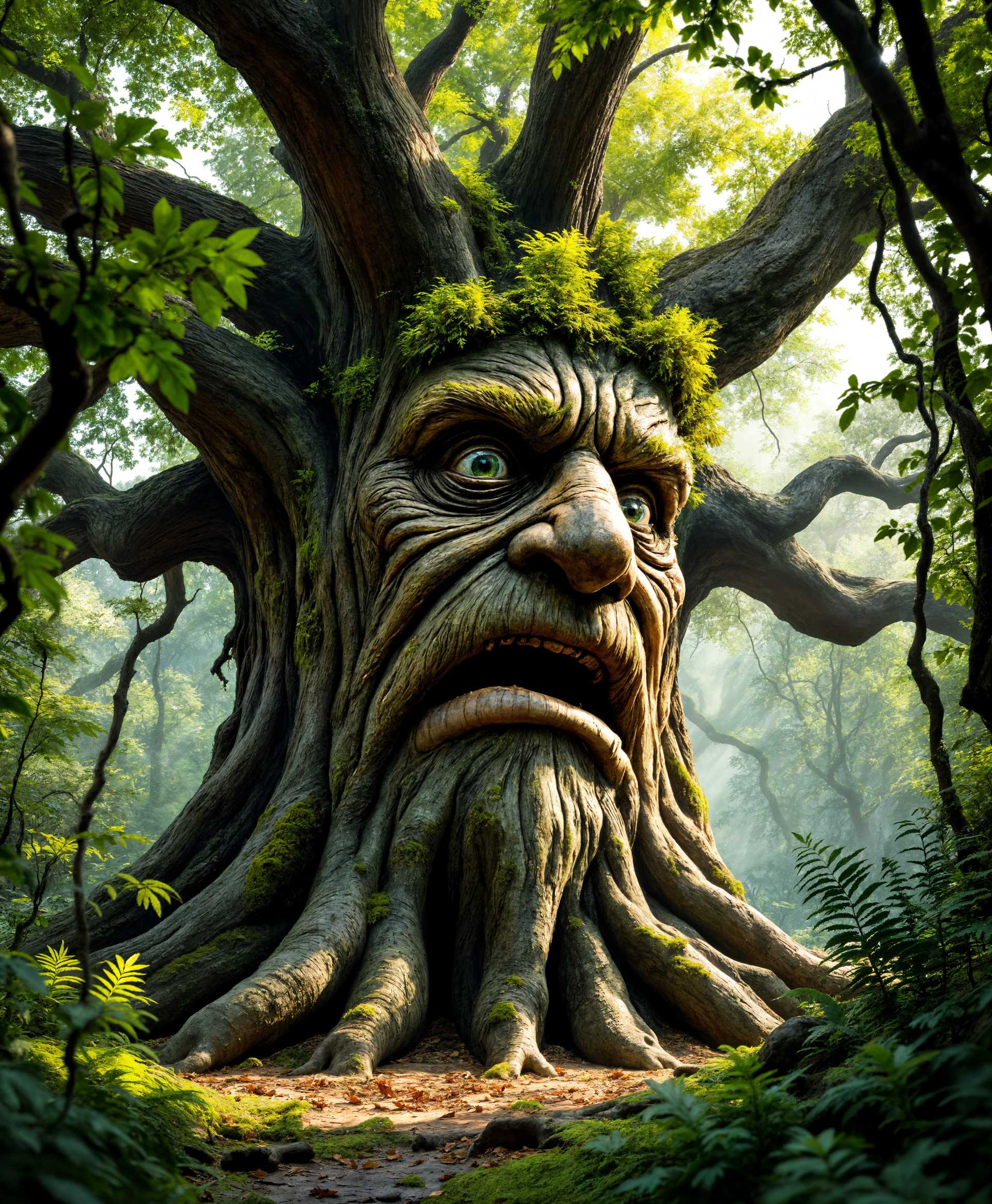 masterpiece, best quality, highres, sharp image, more detail, masterpiece, best quality, highres, sharp image, more detail, A **majestic ancient oak tree**, **rooted deeply** in a **dense, lush forest** with **sunlight filtering through the leaves**, casting a **warm, dappled light** on its **rugged bark**. The tree is **anthropomorphized** with a **large, expressive face** carved into its **massive trunk**. Its **eyes are knowing**, **mouth wide and animated**, as if **engaged in conversation**. **Moss and lichen** add **texture** to the face, with **vibrant green leaves** **crowning** the head like hair. The **facial features** are **carved with precision**, giving the tree a **wise, ancient appearance**. The **surrounding forest** has an **air of magic and stillness**, with **underbrush** and **ferns** framing the **giant tree**. The **mood is serene**, with **a hint of fantasy**, evoking **a world where nature speaks**. **Depth of field** focuses on the tree, with **soft-focus elements** in the foreground and background, **using a wide-angle lens** to **capture the grandeur** of the scene. **Color palette** consists of **deep greens, browns, and the golden hues of sunlight**, **rendered in a realistic, detailed style** reminiscent of **fantasy concept art**.