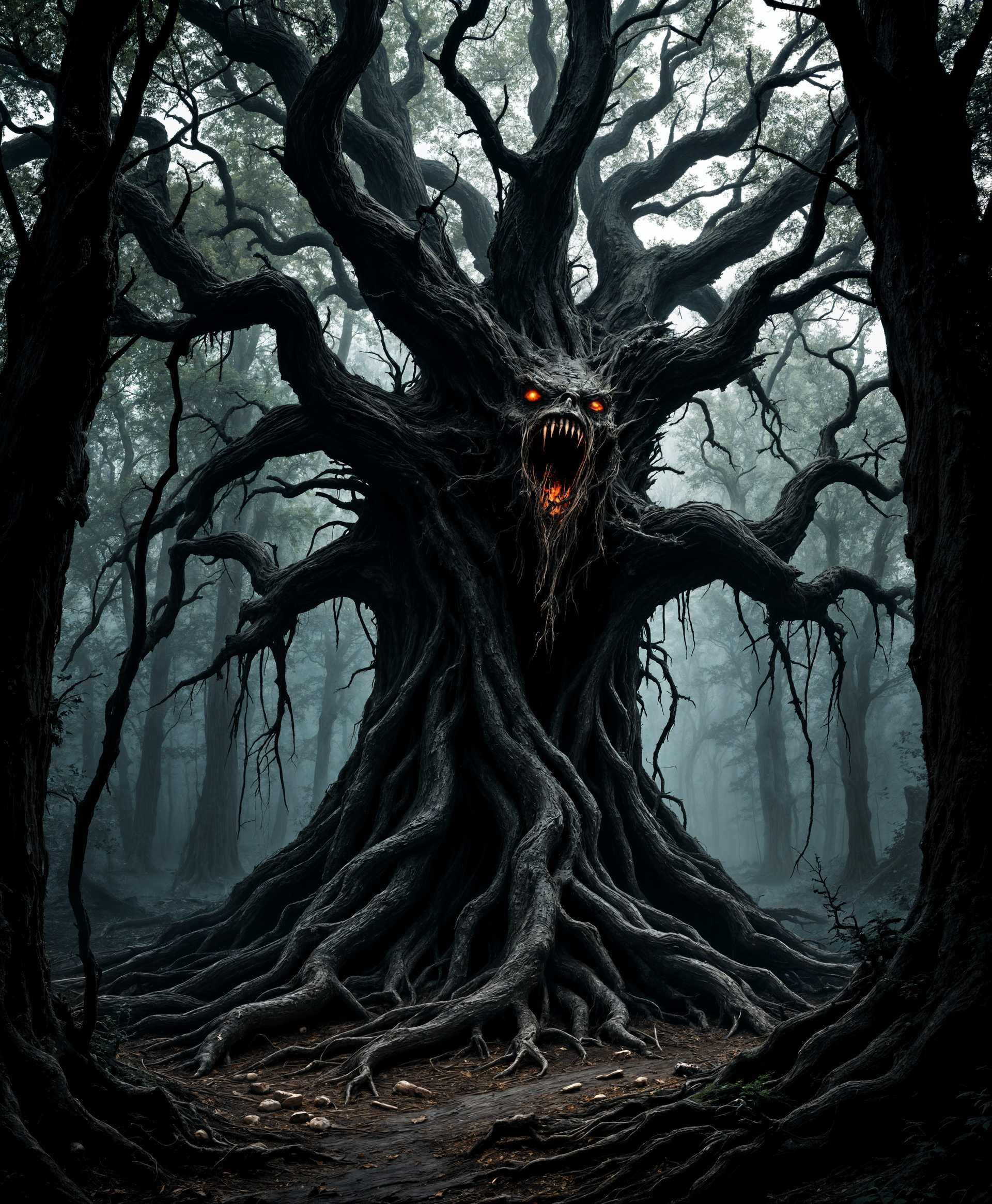 masterpiece, best quality, highres, sharp image, more detail, masterpiece, best quality, highres, sharp image, more detail, In the depths of a **dark, foreboding forest**, an **ominous, ancient tree** with twisted, gnarled limbs stands as a sentinel of terror. This **evil, sentient being** exudes an aura of malevolence, its **dark, rough bark** almost pulsating with a sinister life of its own. 

- **Visual Details**: The tree's roots are **exposed, writhing like serpents**, attempting to ensnare its victims. Its leaves, if any, are sparse, dark, and sharp, creating a canopy of dread. The tree's trunk is **massive**, with knots and crevices that resemble faces twisted in agony or malice. The ground around it is **littered with remnants of its past victims**, bones and tattered clothing entwined within the roots.

- **Style**: Capture this scene in a **cinematic, high-contrast style**, reminiscent of horror films or dark fantasy illustrations. Employ **chiaroscuro lighting** to emphasize the tree's menacing silhouette against the oppressive darkness of the forest.

- **Composition**: The tree is the **central focus** of the image, dominating the scene. Camera angle is **low**, looking up at the tree to enhance its intimidating presence. Victims are depicted in various stages of being ensnared, with some struggling against the roots, others already subdued.

- **Mood and Atmosphere**: The atmosphere is **chilling**, with the **moon casting eerie, long shadows** and a faint mist hovering low to the ground, enhancing the sense of dread and isolation. The air feels thick with a **palpable sense of danger**, the silence broken only by the faint, unsettling whispers of the tree.

- **Technical Aspects**: Utilize **shallow depth of field** to blur the background forest, making the tree and its victims stand out starkly. The lighting should be **sparse**, with beams of moonlight piercing through the dense foliage, highlighting key elements like the tree's face or the expressions of its captives.

- **Cohesion**: All elements contribute to a scene where the tree's malevolent intent is palpable, creating a cohesive narrative of a predatory, sentient forest entity in a dark, supernatural setting.