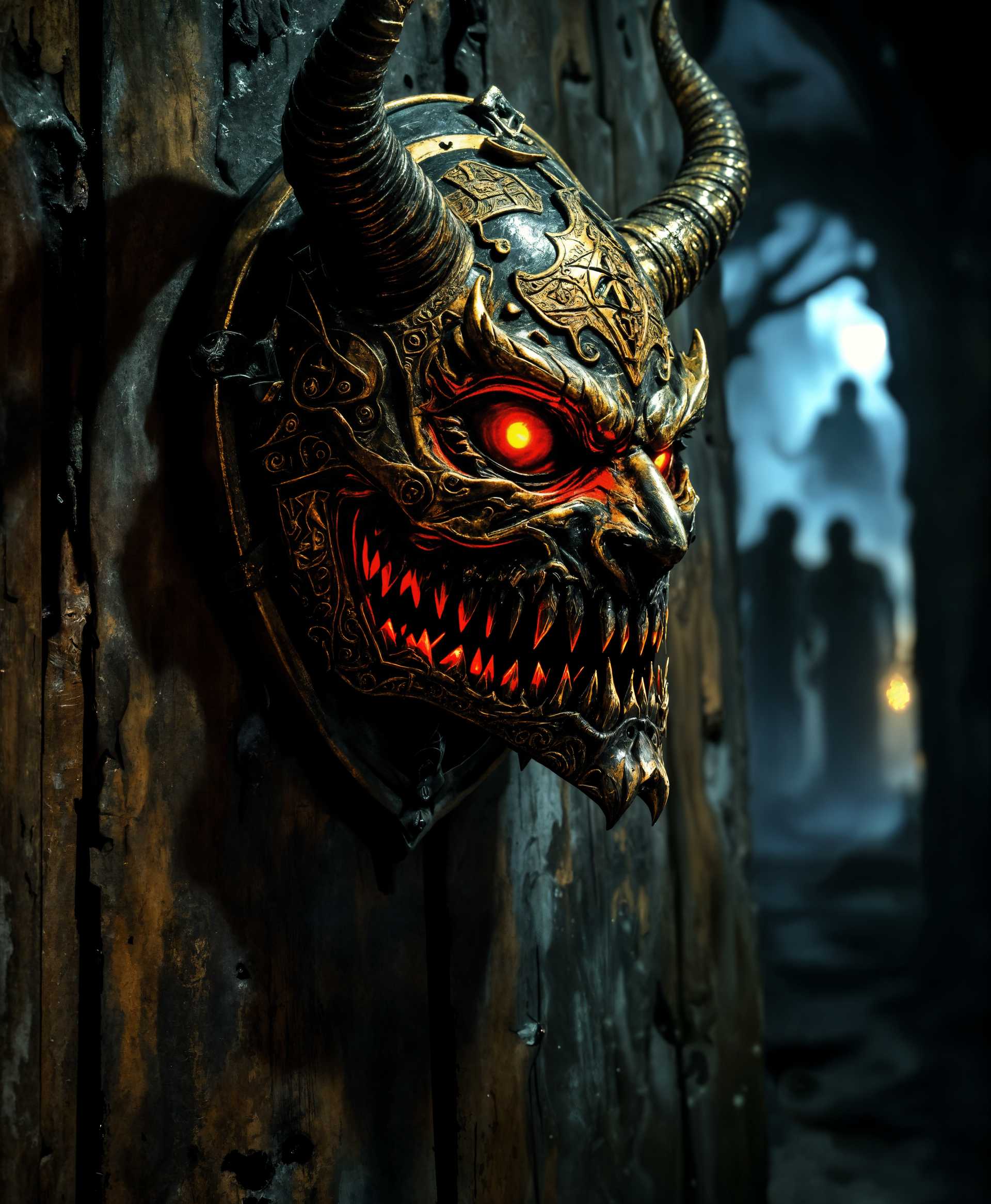 masterpiece, best quality, highres, sharp image, more detail, masterpiece, best quality, highres, sharp image, more detail, A chilling scene where an **antique, weathered mask** with **intricate carvings and symbols** in **oxidized bronze** is the focal point, hanging on a **decaying wooden wall**. The mask has **glowing, sinister red eyes** and an **eerie, malevolent grin**, suggesting a **supernatural force** at work. The lighting is **low-key** with **dramatic chiaroscuro** effects, casting **deep shadows** that enhance the mask's **demonic appearance**. 

**In the background**, ghostly silhouettes of **people in various stages of transformation** into demons are visible, with **blurred, ethereal movements** and **flickering lights** suggesting their **metamorphosis**. The overall **atmosphere** is one of **foreboding and dread**, with **cold, misty air** swirling around, and **subtle hints of decay** in the background. 

The **artistic style** should emulate **Gothic horror**, reminiscent of **Edgar Allan Poe's** dark, atmospheric illustrations, combined with **film noir** photography techniques for **high contrast** and **shadow play**. The **camera angle** is **slightly from below**, giving the mask an **ominous presence**. The **composition** places the mask at the **center**, with **diagonals** leading the eye towards it, emphasizing its **sinister importance** in the scene.