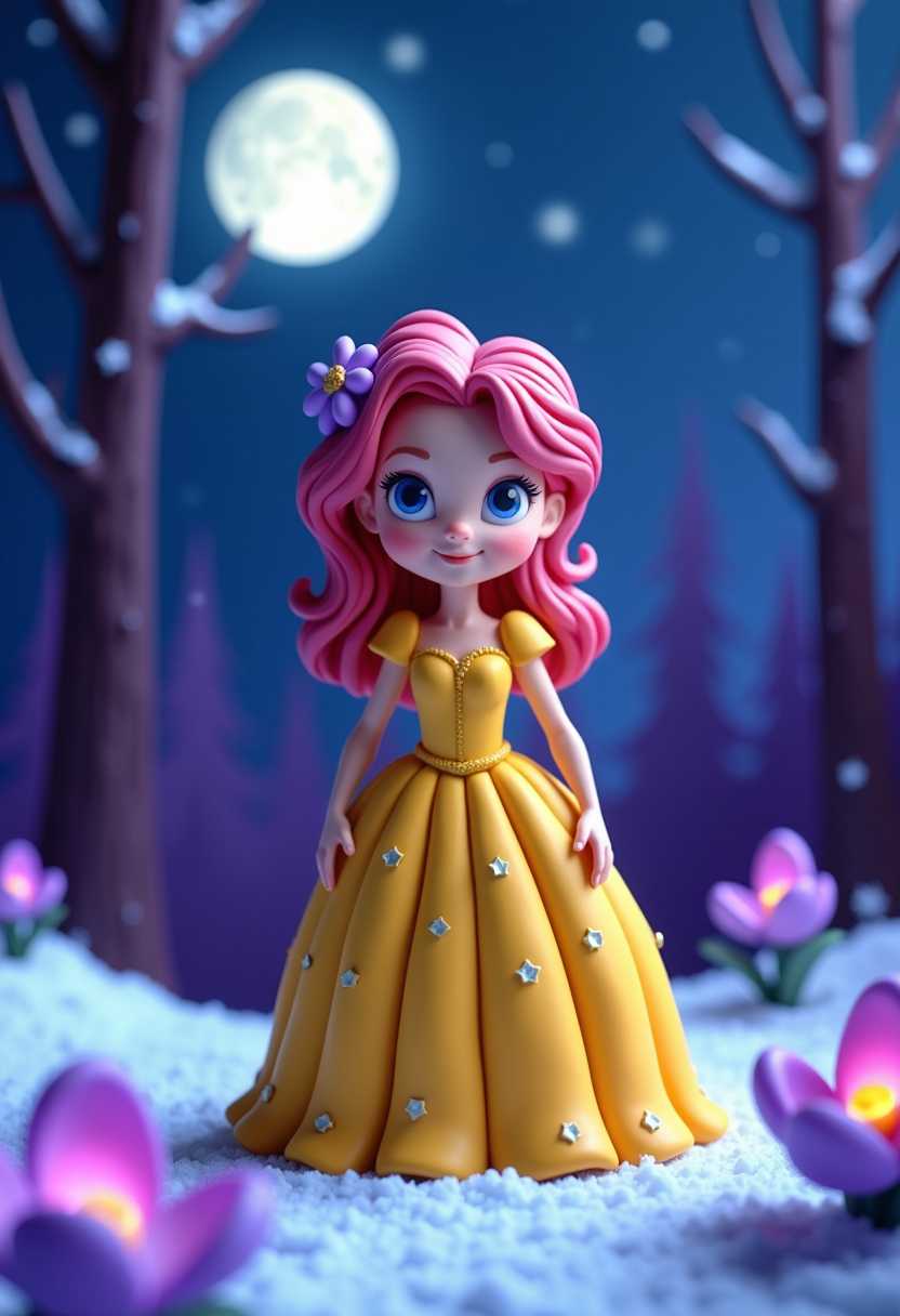 Claymation. The character is dressed in a yellow gown with a fitted bodice and a flared skirt, which is adorned with small, starshaped embellishments. The gown contrasts beautifully with the characters curly, pink hair, which is highlighted with a purple flower accessory. The background is a night scene with a full moon and twinkling stars, set against a dark blue sky that transitions into a deep purple as it meets the silhouette of the trees. The trees are depicted with a gradient of purples and blues, giving them a ghostly appearance. The snowcovered ground adds a touch of wintry wonder to the scene.In the foreground, there are several purple flowers with glowing centers, which stand out against the snowy backdrop. These flowers have a surreal quality, as they seem to be alive and emitting a soft light.The overall effect of the image is enchanting and otherworldly, inviting the viewer into a magical, nighttime forest filled with wonder and mystery.