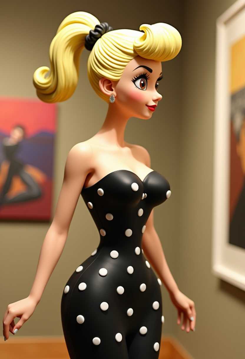 Claymation. The figure is depicted in profile, with her body turned slightly to the right, giving us a threequarter view. She has a slender, elongated neck and a small, delicate chin. Her hair is styled in a voluminous, blonde bouffant, reminiscent of 1950s pinup fashion, with a scrunchie visible at the base of the ponytail. The hair is drawn with thick, bold strokes that give it a sense of movement and volume.The figure is wearing a black dress adorned with a pattern of white polka dots. The dress is fitted and formfitting, with a sweetheart neckline that reveals a hint of cleavage. The polka dots are evenly spaced and of a consistent size, creating a playful and whimsical pattern on the dress. Art gallery background with abstract paintings.