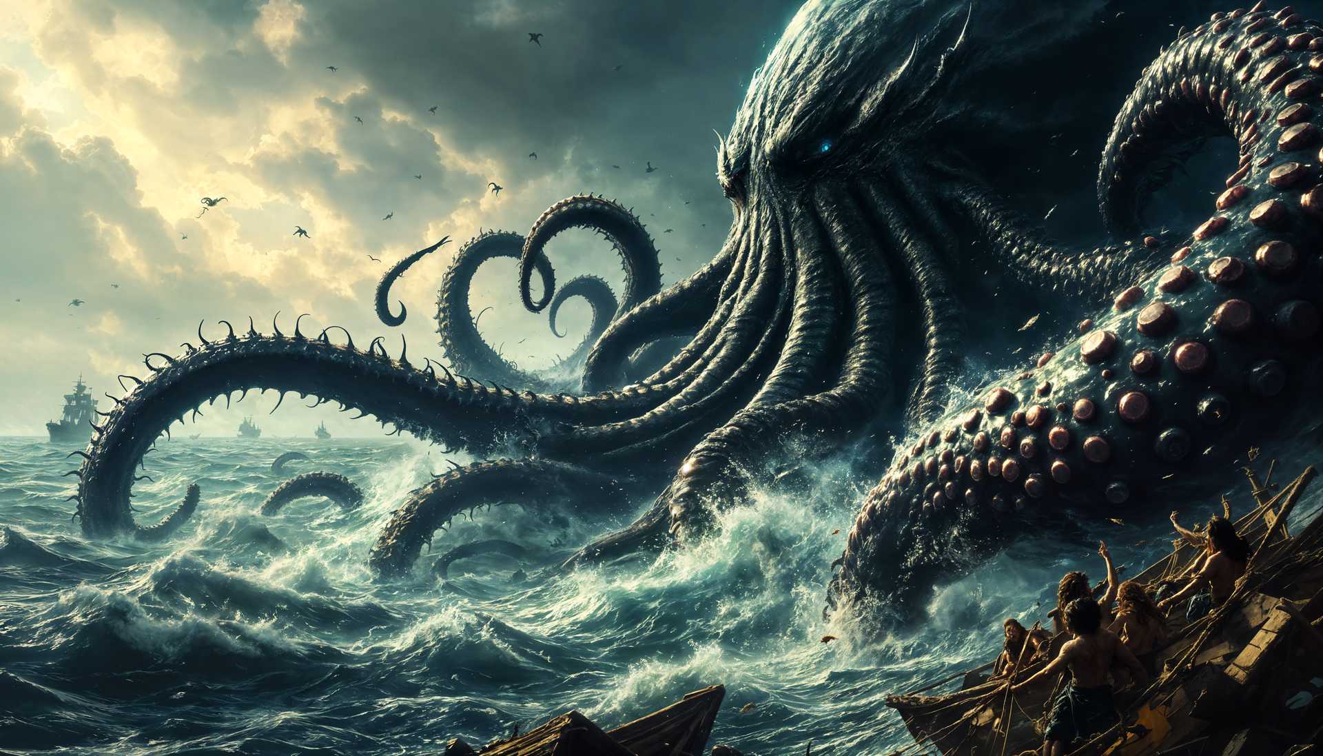 **A Cinematic Depiction of an Evil Kraken:**

- **Visual Details:** The kraken's massive, dark tentacles, each adorned with suckers and sharp, menacing hooks, rise from the churning sea, their surfaces slick with seawater and reflecting the stormy sky. The tentacles are wrapping around wooden ships, crushing them with a display of raw power, splintering wood, and sending debris flying. People are caught in the grip of these monstrous limbs, their expressions of terror vivid against the backdrop of chaos.

- **Style:** Capture this scene in a style reminiscent of a dramatic, high-seas adventure film, with elements of chiaroscuro lighting to emphasize the dark, foreboding nature of the kraken. The image should evoke a blend of fantasy illustration and epic movie poster art, with a touch of Baroque influence in the exaggerated, dynamic movement.

- **Composition:** From a low camera angle, looking up towards the looming kraken, enhancing its terrifying scale. The ships are positioned in the foreground, partially submerged or in the process of being torn apart, with the tentacles dominating the center and sides of the frame. The sky, filled with ominous storm clouds, whirls around the creature, creating a vortex of wind and water.

- **Mood and Atmosphere:** The mood is one of terror and awe, with the atmosphere thick with the sounds of creaking wood, the cries of sailors, and the roaring wind. The time of day is dusk, with the last rays of sunlight piercing through the storm clouds, casting dramatic shadows and highlighting the kraken's monstrous form.

- **Technical Aspects:** Utilize a wide-angle lens to capture the expansive scene, with a shallow depth of field to blur the background slightly, focusing attention on the interaction between the kraken and the ships. Use dynamic range compression to intensify the contrast between the dark sea and the lighter sky, enhancing the stormy atmosphere.

- **Cohesion:** The entire scene should convey the mythic power of the kraken, with every element from the swirling winds to the shattered ships contributing to a narrative of an ancient, malevolent force emerging from the deep, wreaking havoc on the human world. The visual elements should blend seamlessly to tell a story of nature's fury personified in a legendary beast.