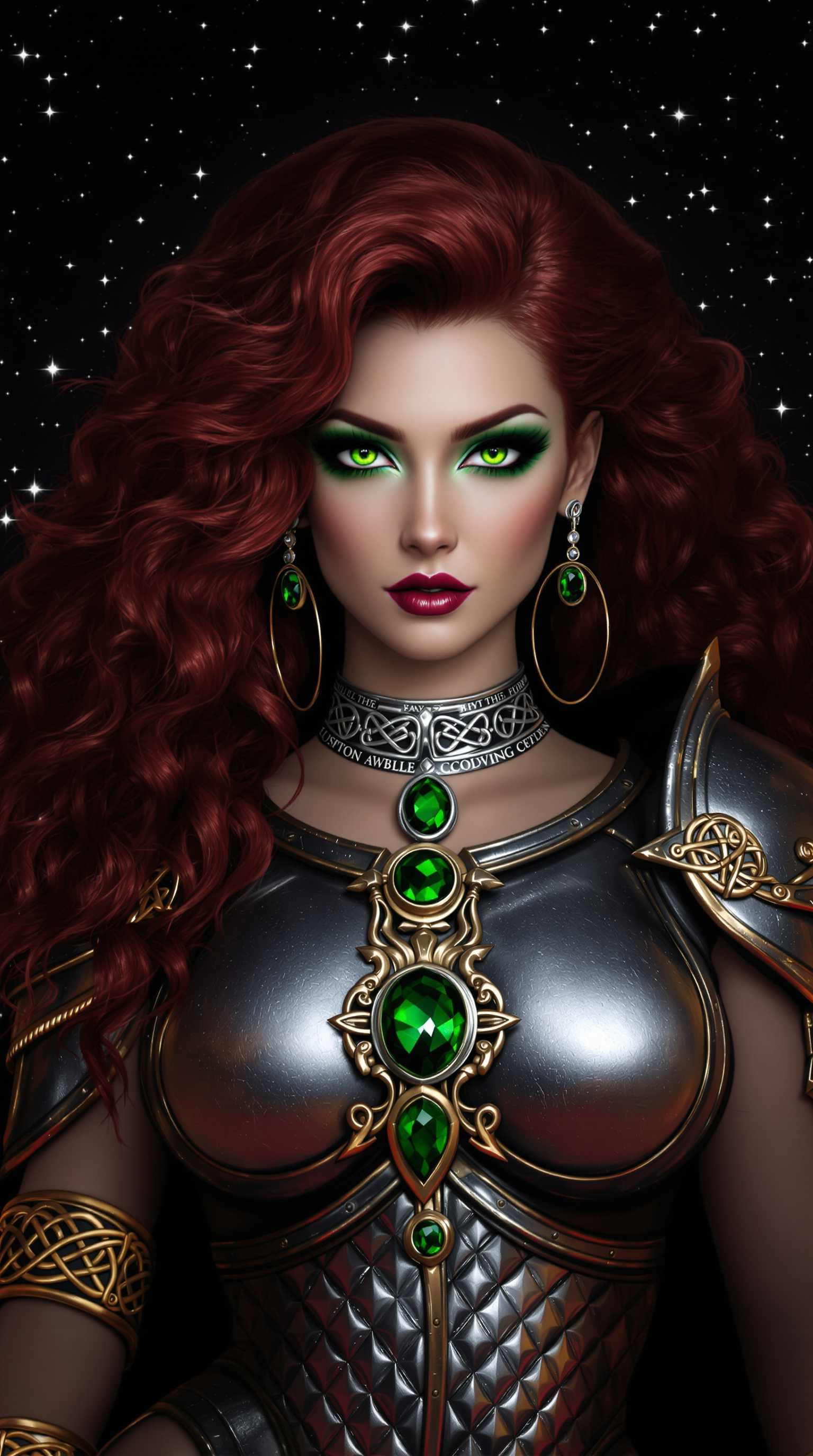 Certainly! Lets break down the visual elements present in this image1. Hair The subject has voluminous, curly dark red hair that cascades down her back and shoulders. The hair is detailed with highlights and shadows that give it a three dimensional appearance.2. Eyes The subject has striking green eyes that are wide open and gaze directly at the viewer. The irises are detailed with a gradient of green shades, and the sclera is green, which makes the eyes pop against the dark background.3. Jewelry The subject is adorned with a variety of jewelry. On her neck, there is a silver choker with a large, central green gemstone. On her ears, she wears circular earrings with a similar green gemstone. On her large chest, there is a metallic armor like garment with a central green gemstone. On her left arm, there is a bracelet with a Celtic knot design and a green gemstone.4. Armor The armor like garment on the subjects chest is detailed with a pattern of scales or scales like textures. It has a metallic sheen and is adorned with gold trimmings and green gemstones.5. Background The background is a deep, starry night sky. It is filled with twinkling stars that give the impression of a vast, dark space.6. Color Palette The color palette of the image is rich and vibrant. The red of the hair stands out against the dark background, and the green of the eyes and jewelry provides a striking contrast. The metallic sheen of the armor and jewelry adds a touch of silver and gold, while the starry night sky introduces a cool, dark blue.7. Lighting The lighting in the image is dramatic, with the subject being the focal point. The lighting accentuates the curves of the subjects body and the details of her jewelry and armor, while casting the background into shadow, which adds depth and dimension to the composition.8. Composition The subject is positioned centrally in the frame, which draws the viewers attention directly to her. The positioning of the jewelry and armor on her body creates a sense of symmetry and balance, while the flowing hair adds dynamism to the composition.These are the visual elements present in the image. Each element contributes to the overall aesthetic and the portrayal of the subject.