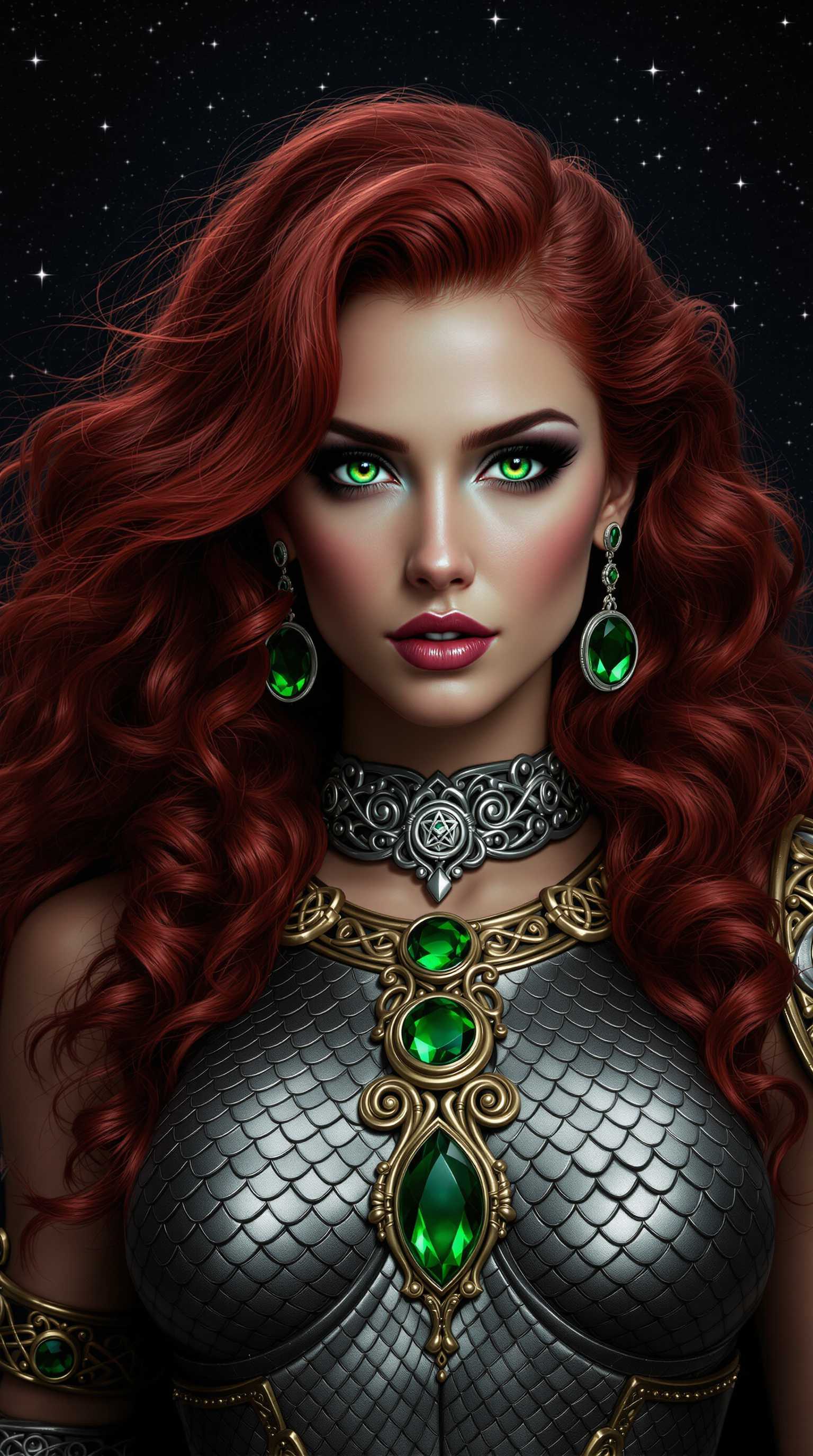 Certainly! Lets break down the visual elements present in this image1. Hair The subject has voluminous, curly dark red hair that cascades down her back and shoulders. The hair is detailed with highlights and shadows that give it a three dimensional appearance.2. Eyes The subject has striking green eyes that are wide open and gaze directly at the viewer. The irises are detailed with a gradient of green shades, and the sclera is green, which makes the eyes pop against the dark background.3. Jewelry The subject is adorned with a variety of jewelry. On her neck, there is a silver choker with a large, central green gemstone. On her ears, she wears circular earrings with a similar green gemstone. On her large chest, there is a metallic armor like garment with a central green gemstone. On her left arm, there is a bracelet with a Celtic knot design and a green gemstone.4. Armor The armor like garment on the subjects chest is detailed with a pattern of scales or scales like textures. It has a metallic sheen and is adorned with gold trimmings and green gemstones.5. Background The background is a deep, starry night sky. It is filled with twinkling stars that give the impression of a vast, dark space.6. Color Palette The color palette of the image is rich and vibrant. The red of the hair stands out against the dark background, and the green of the eyes and jewelry provides a striking contrast. The metallic sheen of the armor and jewelry adds a touch of silver and gold, while the starry night sky introduces a cool, dark blue.7. Lighting The lighting in the image is dramatic, with the subject being the focal point. The lighting accentuates the curves of the subjects body and the details of her jewelry and armor, while casting the background into shadow, which adds depth and dimension to the composition.8. Composition The subject is positioned centrally in the frame, which draws the viewers attention directly to her. The positioning of the jewelry and armor on her body creates a sense of symmetry and balance, while the flowing hair adds dynamism to the composition.These are the visual elements present in the image. Each element contributes to the overall aesthetic and the portrayal of the subject.