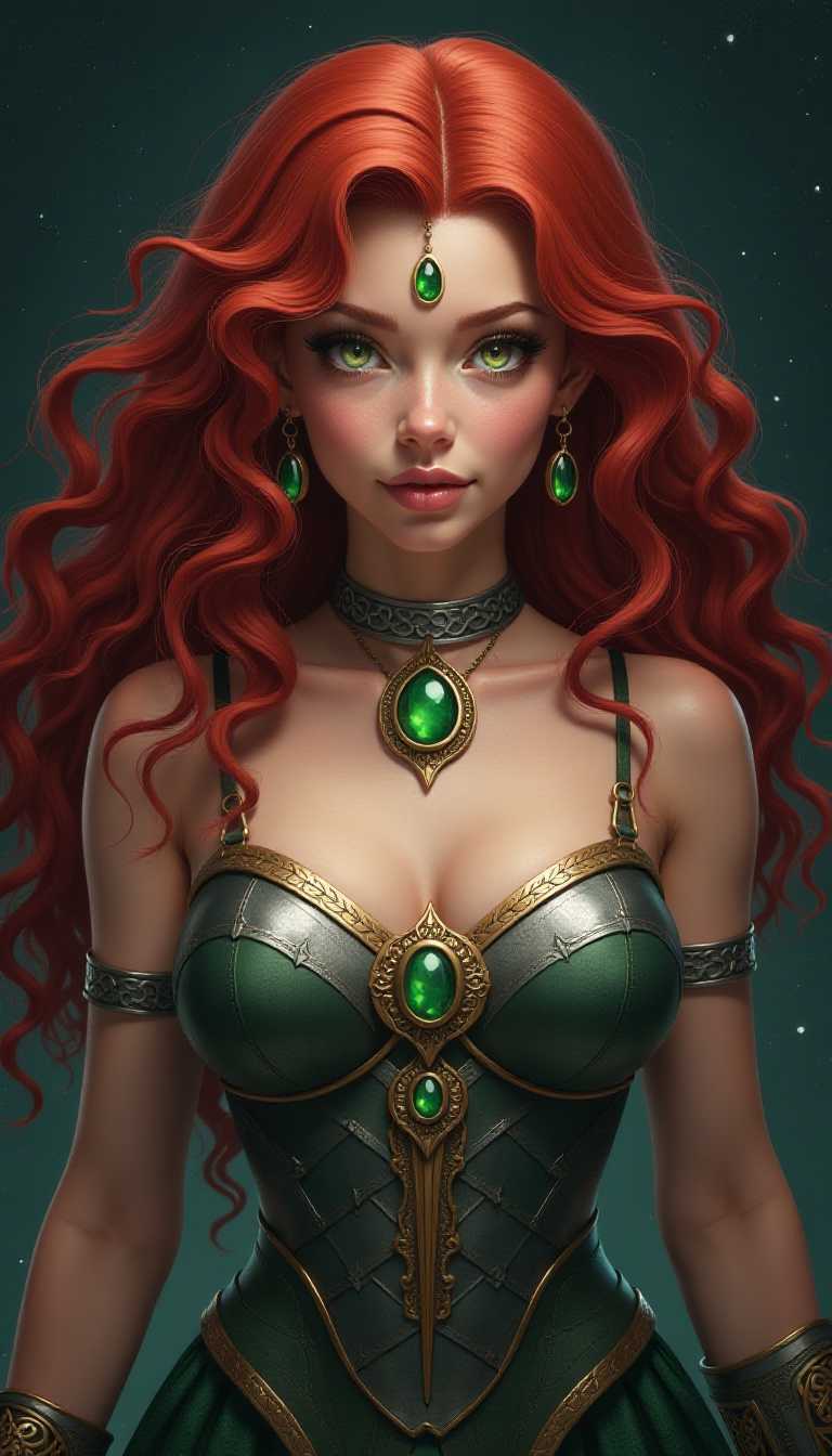 Certainly! Lets break down the visual elements of "Starfire", presented in this image1. Hair The subject has voluminous, curly dark red hair that cascades down her back and shoulders. The hair is detailed with highlights and shadows that give it a three dimensional appearance.2. Eyes The subject has striking green eyes that are wide open and gaze directly at the viewer. The irises are detailed with a gradient of green shades, and the sclera is green, which makes the eyes pop against the dark background.3. Jewelry The subject is adorned with a variety of jewelry. On her neck, there is a silver choker with a large, central green gemstone. On her ears, she wears circular earrings with a similar green gemstone. On her large chest, there is a metallic armor like garment with a central green gemstone. On her left arm, there is a bracelet with a Celtic knot design and a green gemstone.4. Armor The armor like garment on the subjects chest is detailed with a pattern of scales or scales like textures. It has a metallic sheen and is adorned with gold trimmings and green gemstones.5. Background The background is a deep, starry night sky. It is filled with twinkling stars that give the impression of a vast, dark space.6. Color Palette The color palette of the image is rich and vibrant. The red of the hair stands out against the dark background, and the green of the eyes and jewelry provides a striking contrast. The metallic sheen of the armor and jewelry adds a touch of silver and gold, while the starry night sky introduces a cool, dark blue.7. Lighting The lighting in the image is dramatic, with the subject being the focal point. The lighting accentuates the curves of the subjects body and the details of her jewelry and armor, while casting the background into shadow, which adds depth and dimension to the composition.8. Composition The subject is positioned centrally in the frame, which draws the viewers attention directly to her. The positioning of the jewelry and armor on her body creates a sense of symmetry and balance, while the flowing hair adds dynamism to the composition.These are the visual elements present in the image. Each element contributes to the overall aesthetic and the portrayal of the subject.