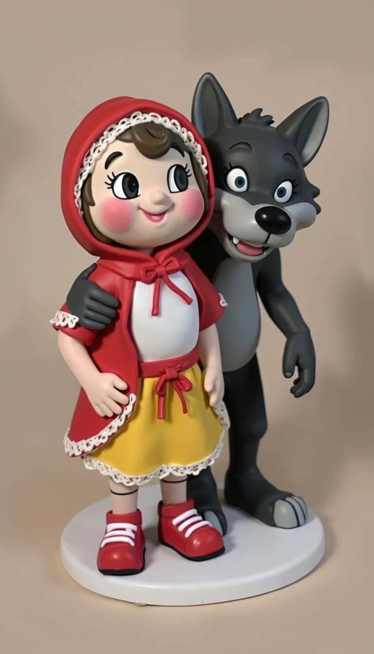 This image features a whimsical and fantastical sculpture of two characters that appear to be inspired by the classic fairy tale of Little Red Riding Hood and the Big Bad Wolf. The art style is playful and cartoonish, with exaggerated features and a sense of humor that is often found in childrens literature.The medium of the sculpture is not immediately apparent, but it appears to be a threedimensional object, possibly made of clay or a similar moldable material, given the texture and the way the light interacts with the surface. The sculpture is finished with a matte varnish that gives it a realistic sheen.The colors in the image are bright and vivid, with a palette that is reminiscent of a storybook. The Little Red Riding Hood figure is dressed in a traditional red hooded cloak with a white lace trim, a white blouse with a red bow at the collar, and a yellow skirt. The cloak is detailed with a white lace trim and a red ribbon tied at the waist, and the character is wearing red shoes with white laces.The Big Bad Wolf, on the other hand, has a more monstrous appearance with a large, toothy grin, and its teeth are prominently displayed. The wolfs fur is textured and appears to be made of scales or feathers, giving it a reptilian or avian quality. The wolfs eyes are yellow with a hint of green, and its pupils are dilated, adding to its menacing expression.The background of the image is a solid, dark green color that contrasts sharply with the bright colors of the characters, drawing the viewers attention to the sculpture. The characters are placed on a flat, rectangular base that is slightly raised from the surface, giving them a sense of depth and solidity.Overall, the image exudes a sense of joy and playfulness, with the characters oversized smiles and the exaggerated features that are characteristic of a fairy tale. The sculptures whimsical nature and the use of bright, contrasting colors make it an appealing piece for collectors and fans of childrens literature.