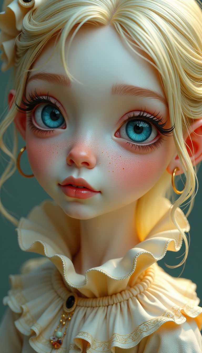 This image is a closeup, highresolution digital artwork that features a character with a highly stylized and fantastical appearance. The art style is reminiscent of digital painting with a touch of surrealism, as the subjects features are exaggerated and the overall composition has a dreamlike quality.The medium appears to be a digital painting software, given the smooth blending of colors and the intricate details that are visible in the textures. The lighting and shadows are expertly rendered, creating a threedimensional effect on the subjects skin and hair.The colors in the image are soft and muted, with a predominance of pastels and earth tones. The characters skin is a pale, almost translucent white, speckled with tiny dots that resemble freckles or a light dusting of powder. The hair is a pale blonde with golden highlights, and the ruffled collar is a pale gold with a gradient of lighter shades, giving it a delicate and ethereal appearance.The subjects eyes are the focal point of the image, with a striking blue iris and long, curled lashes. There are small, ornate details around the eyes, such as a small, black gem on the upper eyelid and a gold hoop earring. The eyebrows are welldefined and arched, adding to the characters expressive gaze.The ruffled collar is a standout feature, with its multiple layers and intricate lace detailing. The collars texture is rendered with great realism, and the way the light plays across the folds and edges gives it a sense of movement and delicacy.Overall, the image exudes a sense of fantasy and whimsy, with a touch of elegance and mystery. The use of light and shadow, along with the careful attention to detail, creates a visually compelling and immersive experience.