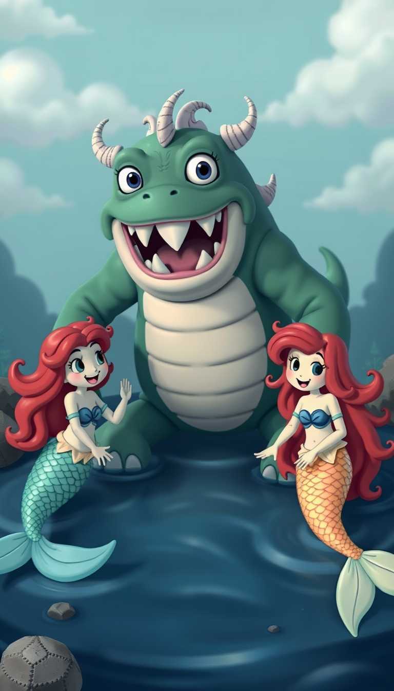 3d cartoonish loch ness lake monster with 2 mermaids