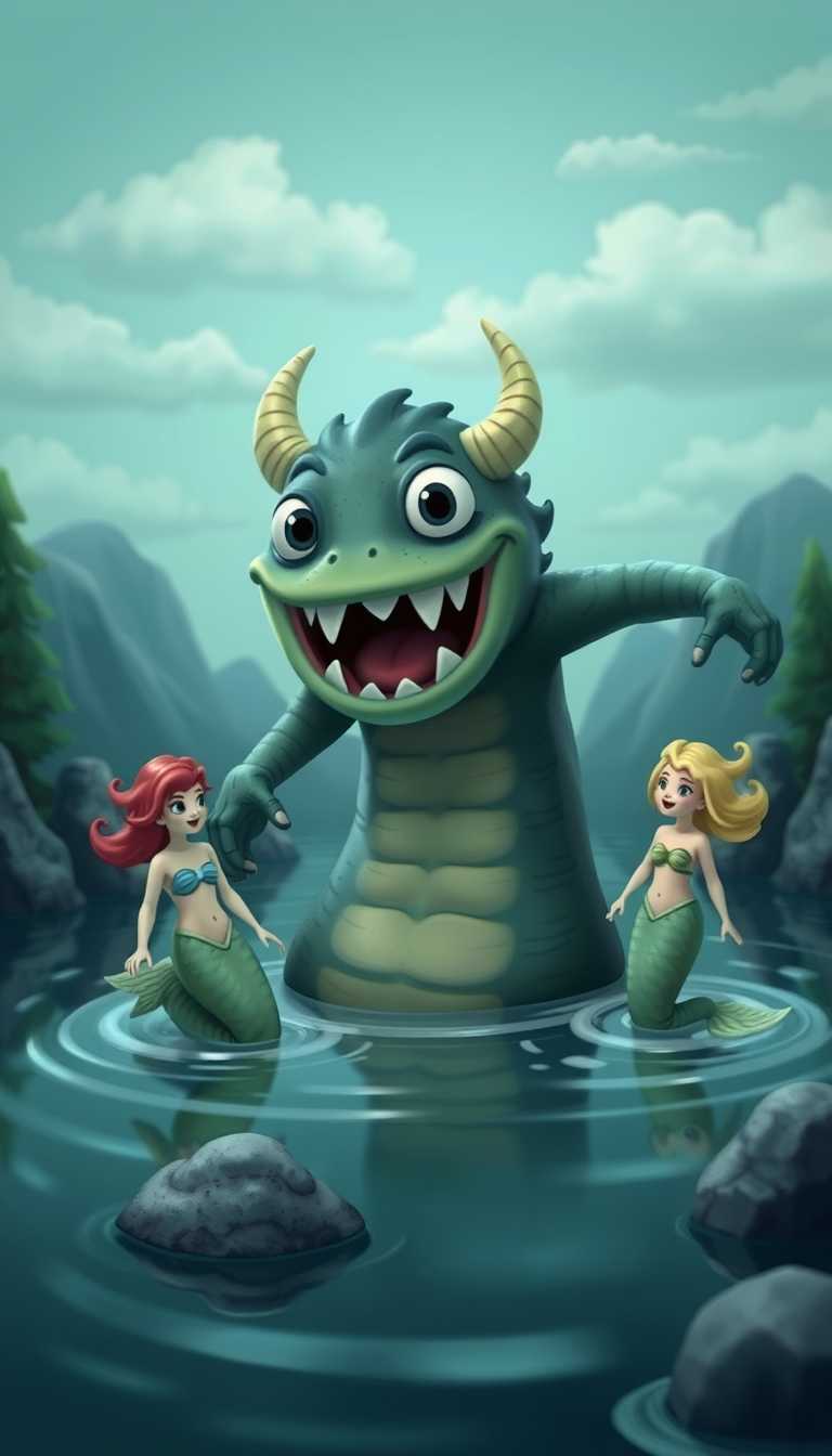3d cartoonish loch ness lake monster with 2 mermaids