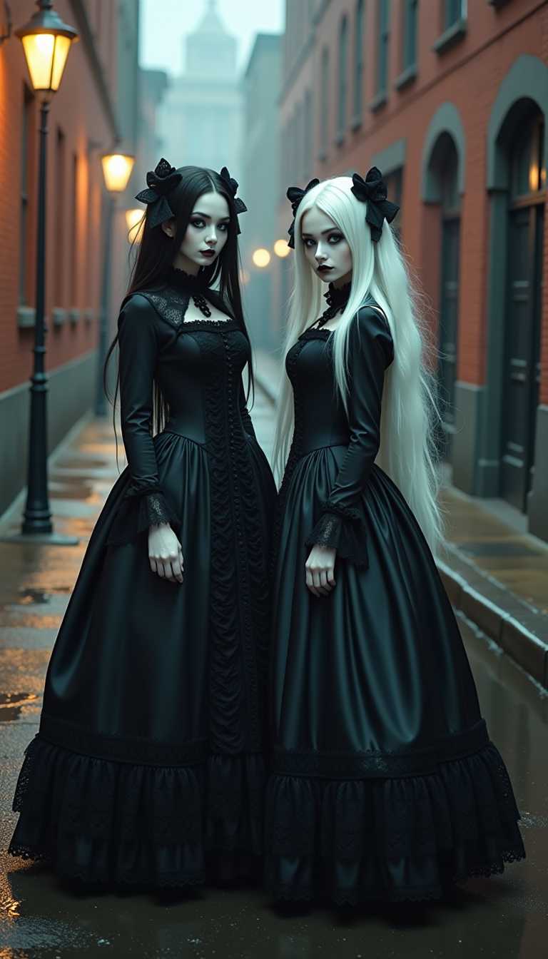 The color palette is quite limited, primarily consisting of black, white, and shades of gray, which contribute to the gothic and mysterious feel of the image. The figures are dressed in dark, Victorianinspired attire, with intricate lace details and ruffles, which add texture and depth to the scene.The figures themselves are stylized with exaggerated features, such as large, expressive eyes and pale, almost translucent skin. Their hair is also white, with one figure having long, straight locks and the other sporting twin tails with bows. The makeup on the figures is dark, with heavy eyeliner and pale lipstick, enhancing their gothic appearance.In the background, the setting is a narrow alley flanked by buildings with brick facades. The alley is wet, suggesting recent rain, and the reflections on the ground add to the atmospheric quality of the scene. The lighting is dim, with warm orange tones from street lamps casting a soft glow on the left side of the image, while the right side is shrouded in a cool bluegray mist.There are no other objects or characters in the image, focusing the viewers attention solely on the two figures and their surroundings. 