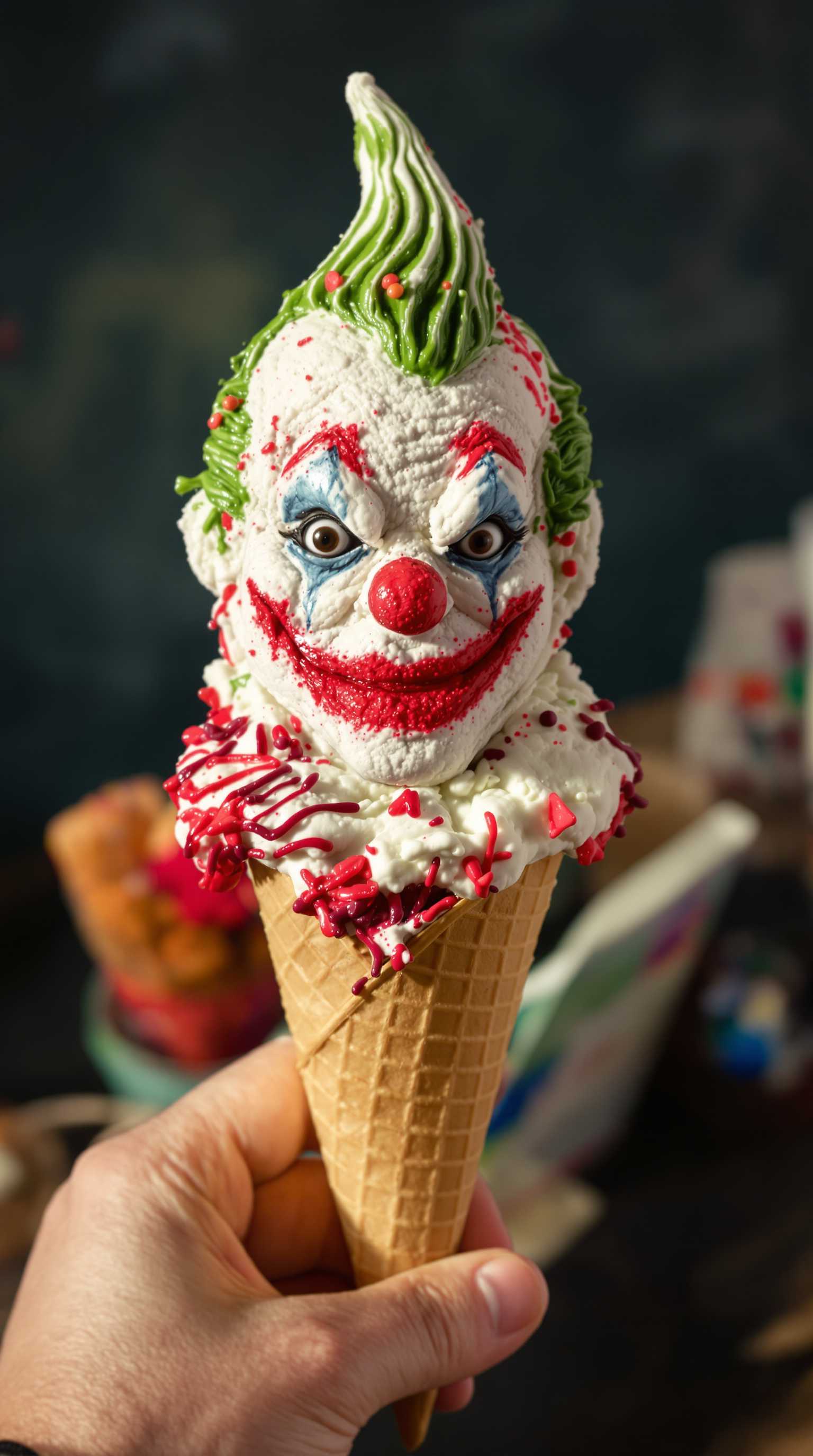 
ice cream shaped like the joker in a cone