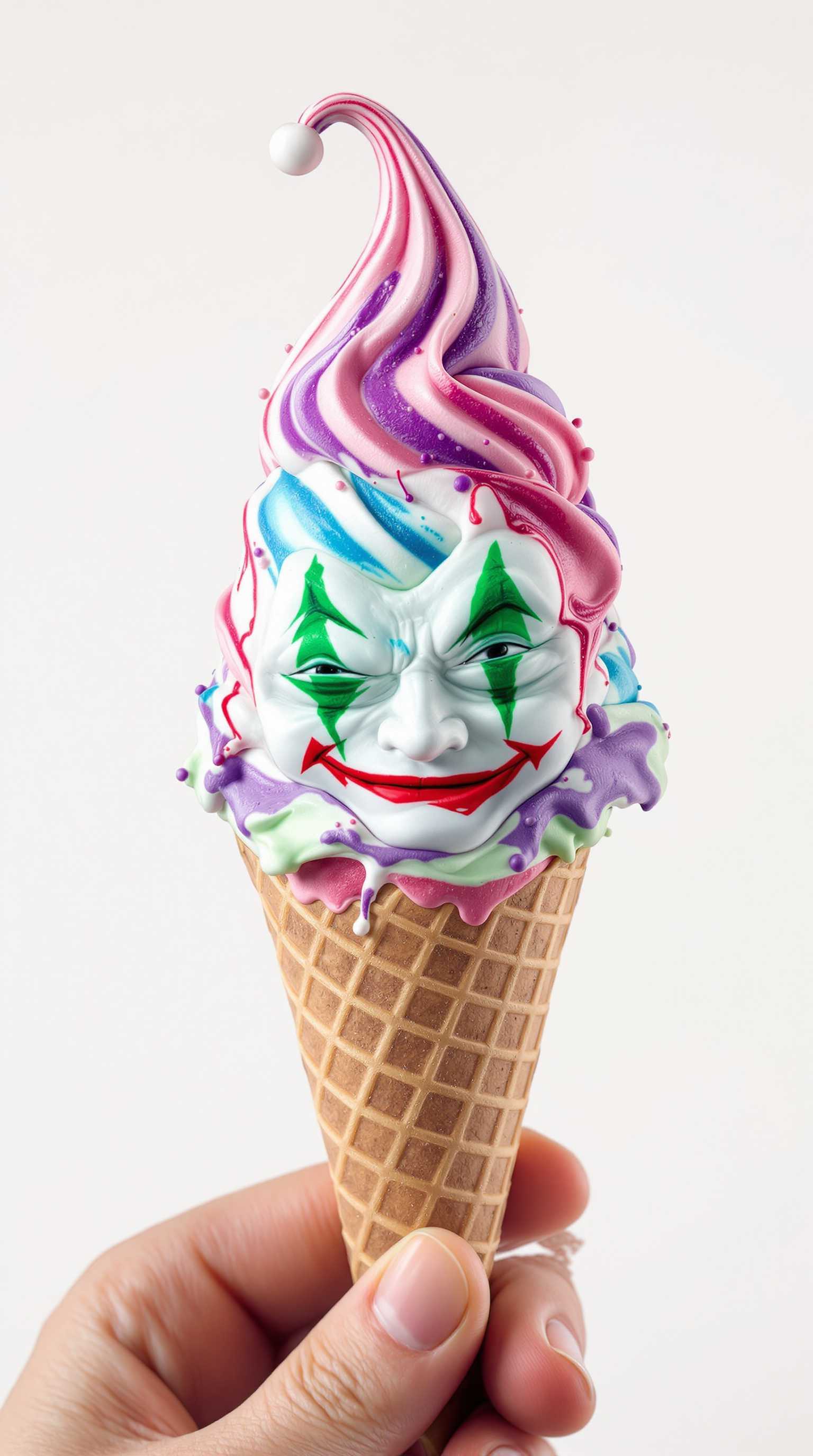 
ice cream shaped like the joker in a cone