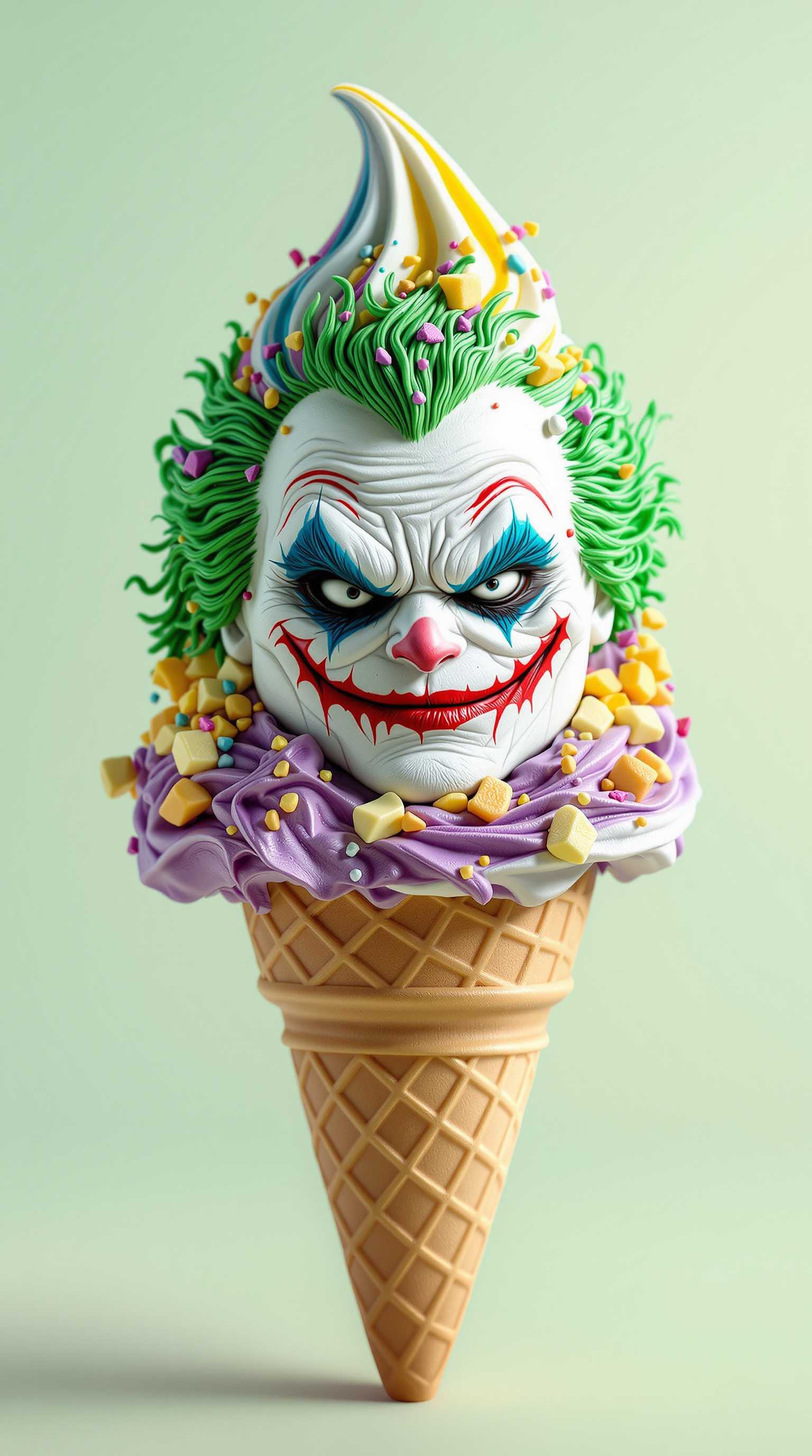 A whimsical ice cream cone with a scoop shaped like **The Joker** from DC Comics. The scoop should have:

- **Color Scheme**: Vibrant, chaotic mix of greens, purples, and yellows reminiscent of The Joker's costume, with a stark white face.
- **Texture**: Smooth, creamy ice cream with intricate details like The Joker's facial features - exaggerated smile, menacing eyes, and wild hair.
- **Lighting**: Soft, diffused lighting to highlight the ice cream's details, with a slight backlight to create a halo effect around the scoop, enhancing the eerie, playful vibe.
- **Style**: Hyper-realistic rendering with elements of surrealism to capture the exaggerated, comic book essence of The Joker.
- **Composition**: The ice cream scoop should sit atop a classic waffle cone, angled slightly to showcase The Joker's face. The background should be a soft pastel color to make the scoop pop.
- **Mood**: A playful yet sinister atmosphere, as if The Joker himself is about to leap from the cone in a burst of mischief.
- **Technical Aspects**: Use macro photography techniques to focus on the ice cream's texture and details, with a shallow depth of field to blur the background, emphasizing the subject.