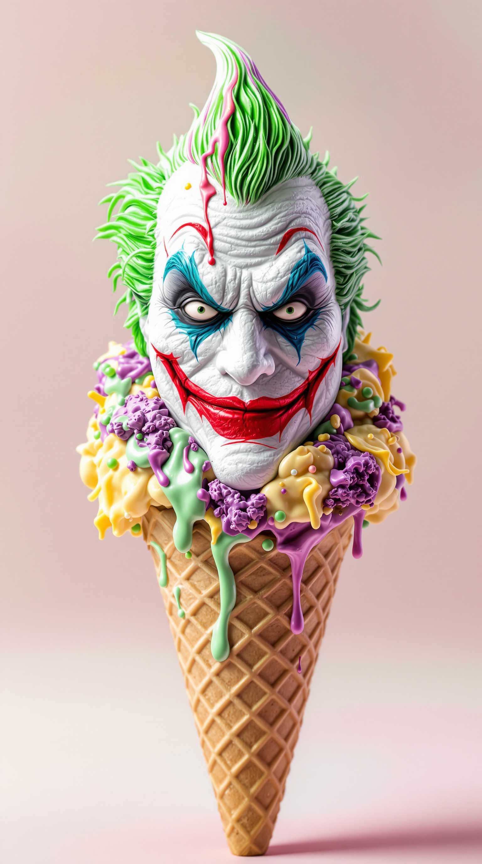 A whimsical ice cream cone with a scoop shaped like **The Joker** from DC Comics. The scoop should have:

- **Color Scheme**: Vibrant, chaotic mix of greens, purples, and yellows reminiscent of The Joker's costume, with a stark white face.
- **Texture**: Smooth, creamy ice cream with intricate details like The Joker's facial features - exaggerated smile, menacing eyes, and wild hair.
- **Lighting**: Soft, diffused lighting to highlight the ice cream's details, with a slight backlight to create a halo effect around the scoop, enhancing the eerie, playful vibe.
- **Style**: Hyper-realistic rendering with elements of surrealism to capture the exaggerated, comic book essence of The Joker.
- **Composition**: The ice cream scoop should sit atop a classic waffle cone, angled slightly to showcase The Joker's face. The background should be a soft pastel color to make the scoop pop.
- **Mood**: A playful yet sinister atmosphere, as if The Joker himself is about to leap from the cone in a burst of mischief.
- **Technical Aspects**: Use macro photography techniques to focus on the ice cream's texture and details, with a shallow depth of field to blur the background, emphasizing the subject.