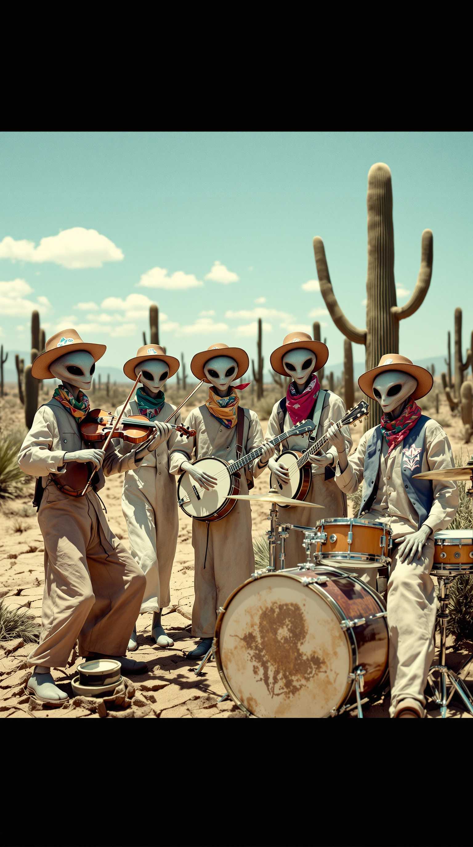 A group of classic grey aliens performing music in the Brazilian sertão, set against an arid landscape of cracked dry earth, sparse vegetation, and cacti. The sky is bright and cloudless, capturing the intense heat of the northeastern region. Each alien is dressed in traditional sertão outfits: brown leather hats with regional motifs, colorful bandanas, and worn-out linen clothing. They are playing a mix of instruments including a viola, banjo, tambourine, and a classic drum kit, creating a rustic yet extraterrestrial musical vibe. The scene has a lively and quirky energy, with the aliens posing as if they are in the middle of a music video. The image is intentionally low-quality, mimicking the aesthetic of a 2010-era smartphone photo, complete with slight blurriness, muted colors, and digital noise, adding to its authenticity.