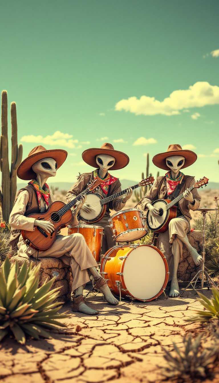 A group of classic grey aliens performing music in the Brazilian sertão, set against an arid landscape of cracked dry earth, sparse vegetation, and cacti. The sky is bright and cloudless, capturing the intense heat of the northeastern region. Each alien is dressed in traditional sertão outfits: brown leather hats with regional motifs, colorful bandanas, and worn-out linen clothing. They are playing a mix of instruments including a viola, banjo, tambourine, and a classic drum kit, creating a rustic yet extraterrestrial musical vibe. The scene has a lively and quirky energy, with the aliens posing as if they are in the middle of a music video. The image is intentionally low-quality, mimicking the aesthetic of a 2010-era smartphone photo, complete with slight blurriness, muted colors, and digital noise, adding to its authenticity.