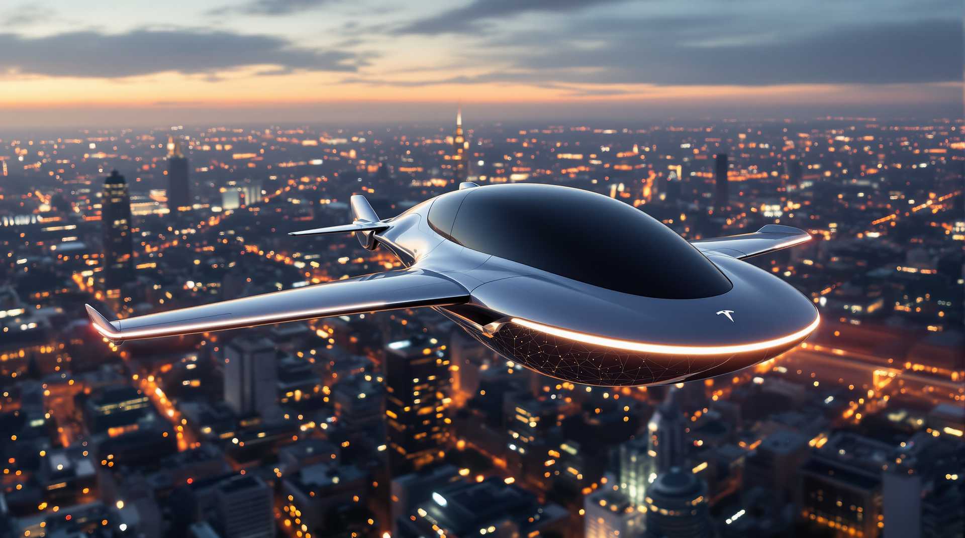 A sleek, futuristic Tesla flying car soaring above a modern cityscape at dusk, with glowing lights reflecting off its metallic surface 