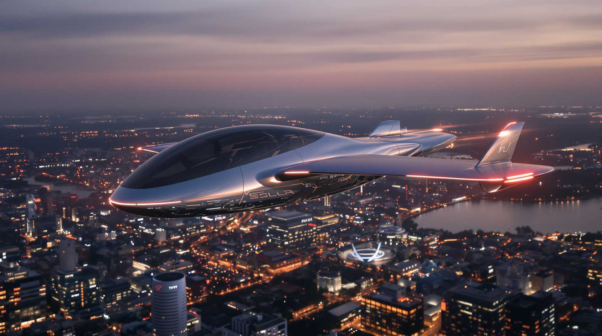 A sleek, futuristic Tesla flying car soaring above a modern cityscape at dusk, with glowing lights reflecting off its metallic surface 