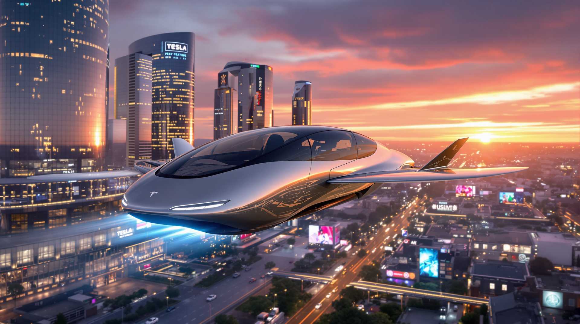 A sleek, futuristic Tesla flying car, designed with smooth, aerodynamic curves and a **metallic finish** that captures the **soft, warm glow** of the setting sun, soars above a **modern, sprawling cityscape** at dusk. The **cityscape** features:

- **Tall skyscrapers** with reflective glass facades and illuminated windows creating a **mosaic of light**
- **Neon signs** and **LED billboards** casting vibrant colors into the **deepening twilight**
- **Lush rooftop gardens** and **sky bridges** connecting buildings, adding depth and life to the scene

**Lighting and Atmosphere:**

- The sky is painted in **hues of orange, pink, and purple**, with the sun just below the horizon, casting long shadows and highlighting the car's silhouette
- **Street lights** and **car headlights** below create a **dazzling array of light reflections** on the **wet pavement**
- The air is **clear**, with a **light mist** enhancing the **mystical feel** of the city at this magical hour

**Composition and Camera Angle:**

- **Bird's-eye view** from above the car, showcasing the city's layout and the car's **dynamic movement**
- **Tilt-shift effect** to enhance the **miniature-like appearance** of the city, emphasizing the **futuristic** and **model-like** quality of the scene
- The car is **slightly tilted** to one side, indicating **motion and speed**, with **faint contrails** streaming behind

**Style and Technique:**

- **Hyperrealistic** rendering with **high dynamic range** to capture the **subtle nuances** of light and shadow
- **Bokeh** in the background to blur distant elements, focusing attention on the **car** and its immediate surroundings
- **Lens flare** to add authenticity to the **dusk lighting**, enhancing the **futuristic** and **cinematic** feel

**Visual Details:**

- The Tesla flying car has **glowing, blue undercarriage lights** that illuminate the **surrounding air**
- **Steam or exhaust** from the car's propulsion system, adding to the **sense of speed** and **futuristic technology**
- **Minimalistic interior** visible through the **transparent canopy**, suggesting **efficiency** and **high-tech** design

This image captures the **futuristic**, **dynamic**, and **technologically advanced** essence of a **Tesla flying car** navigating a **modern city