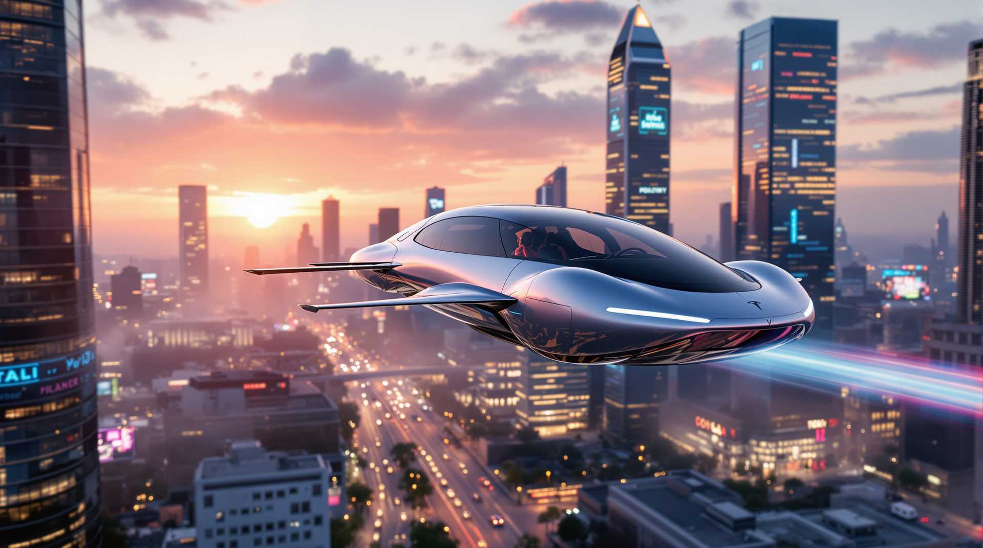 A sleek, futuristic Tesla flying car, designed with smooth, aerodynamic curves and a **metallic finish** that captures the **soft, warm glow** of the setting sun, soars above a **modern, sprawling cityscape** at dusk. The **cityscape** features:

- **Tall skyscrapers** with reflective glass facades and illuminated windows creating a **mosaic of light**
- **Neon signs** and **LED billboards** casting vibrant colors into the **deepening twilight**
- **Lush rooftop gardens** and **sky bridges** connecting buildings, adding depth and life to the scene

**Lighting and Atmosphere:**

- The sky is painted in **hues of orange, pink, and purple**, with the sun just below the horizon, casting long shadows and highlighting the car's silhouette
- **Street lights** and **car headlights** below create a **dazzling array of light reflections** on the **wet pavement**
- The air is **clear**, with a **light mist** enhancing the **mystical feel** of the city at this magical hour

**Composition and Camera Angle:**

- **Bird's-eye view** from above the car, showcasing the city's layout and the car's **dynamic movement**
- **Tilt-shift effect** to enhance the **miniature-like appearance** of the city, emphasizing the **futuristic** and **model-like** quality of the scene
- The car is **slightly tilted** to one side, indicating **motion and speed**, with **faint contrails** streaming behind

**Style and Technique:**

- **Hyperrealistic** rendering with **high dynamic range** to capture the **subtle nuances** of light and shadow
- **Bokeh** in the background to blur distant elements, focusing attention on the **car** and its immediate surroundings
- **Lens flare** to add authenticity to the **dusk lighting**, enhancing the **futuristic** and **cinematic** feel

**Visual Details:**

- The Tesla flying car has **glowing, blue undercarriage lights** that illuminate the **surrounding air**
- **Steam or exhaust** from the car's propulsion system, adding to the **sense of speed** and **futuristic technology**
- **Minimalistic interior** visible through the **transparent canopy**, suggesting **efficiency** and **high-tech** design

This image captures the **futuristic**, **dynamic**, and **technologically advanced** essence of a **Tesla flying car** navigating a **modern city