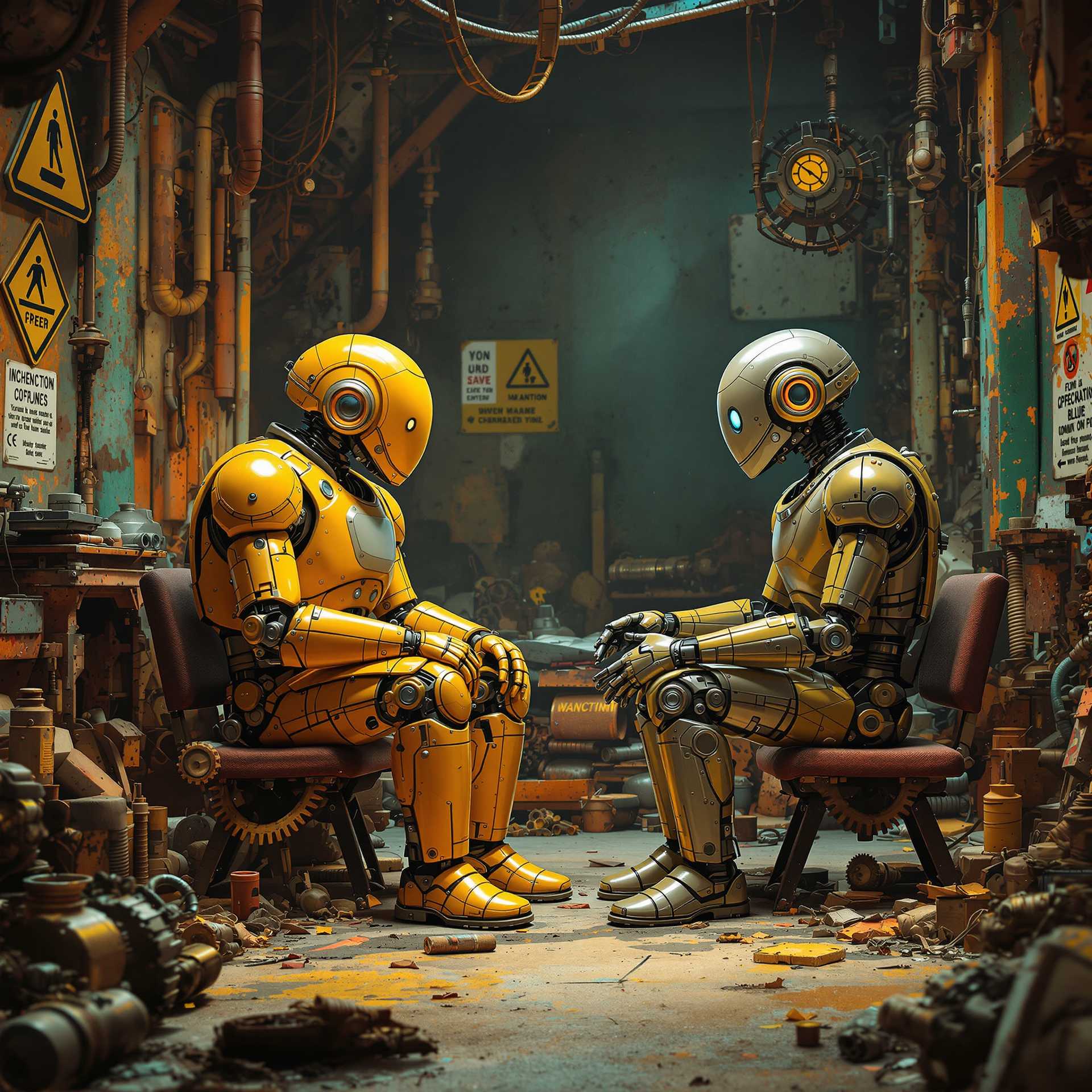 Vibrant, high-contrast matte painting of two retro-futuristic robots, reminiscent of 1960s sci-fi, sitting amidst a cluttered, abandoned warehouse filled with rusted gears, broken machinery, and faded warning signs. The elderly robot, with a warm, golden patina, sports a bulky, cylindrical body, while the younger robot, with a sleek, metallic sheen, has a more streamlined, aerodynamic design. They sit across from each other, engaged in animated conversation, surrounded by a tapestry of rich, complementary colors - burnt oranges, deep teals, and mustard yellows - that evoke a sense of nostalgia and wonder. Inspired by the works of Syd Mead, Daniel Dociu, and Simon Stalenhag, this 8k-resolution image, rendered in Unreal Engine 5, is a celebration of intricate detail, texture, and atmosphere, with a dash of whimsy and humor.